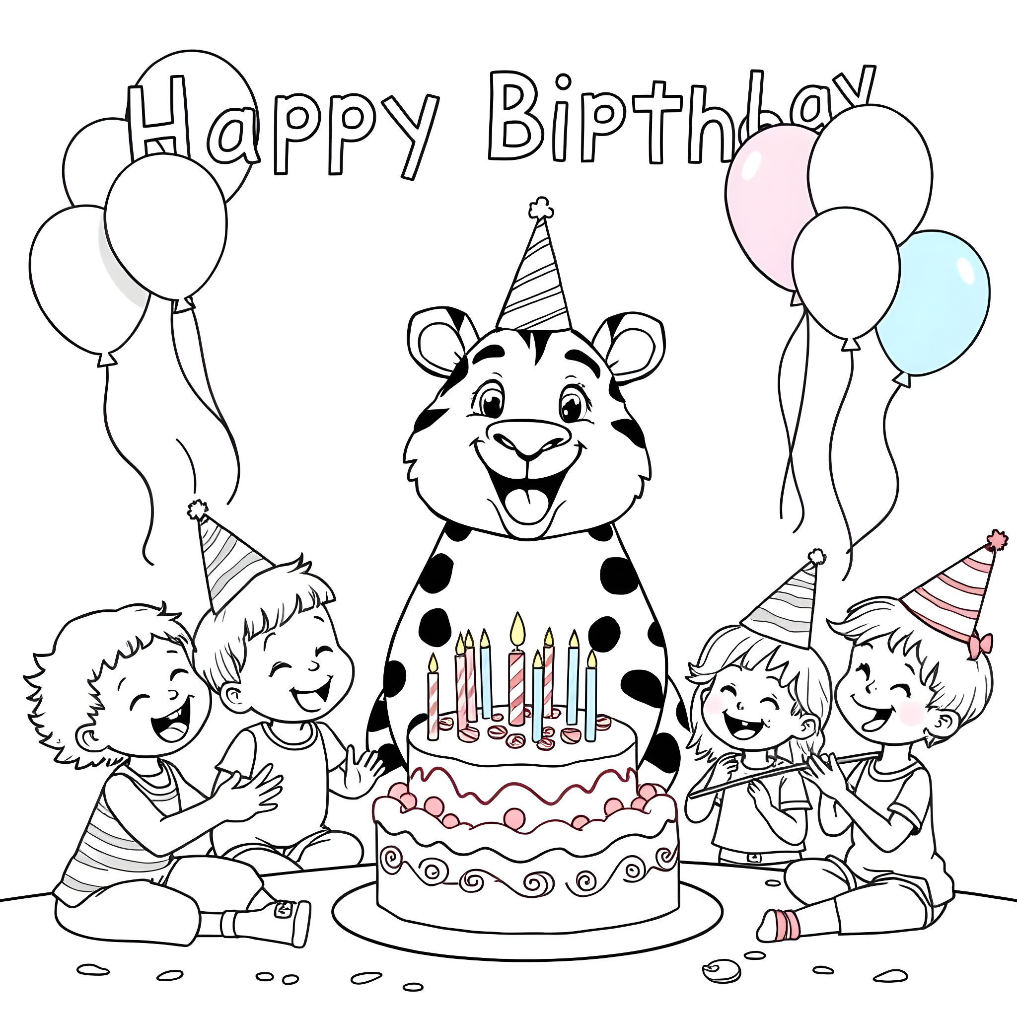 Zoo Animal Celebrating Birthday with Cake and Balloons Coloring Page (free black-and-white line drawing printable PDF for all, from beginners to advanced learners, including children, teens, adults, and seniors)