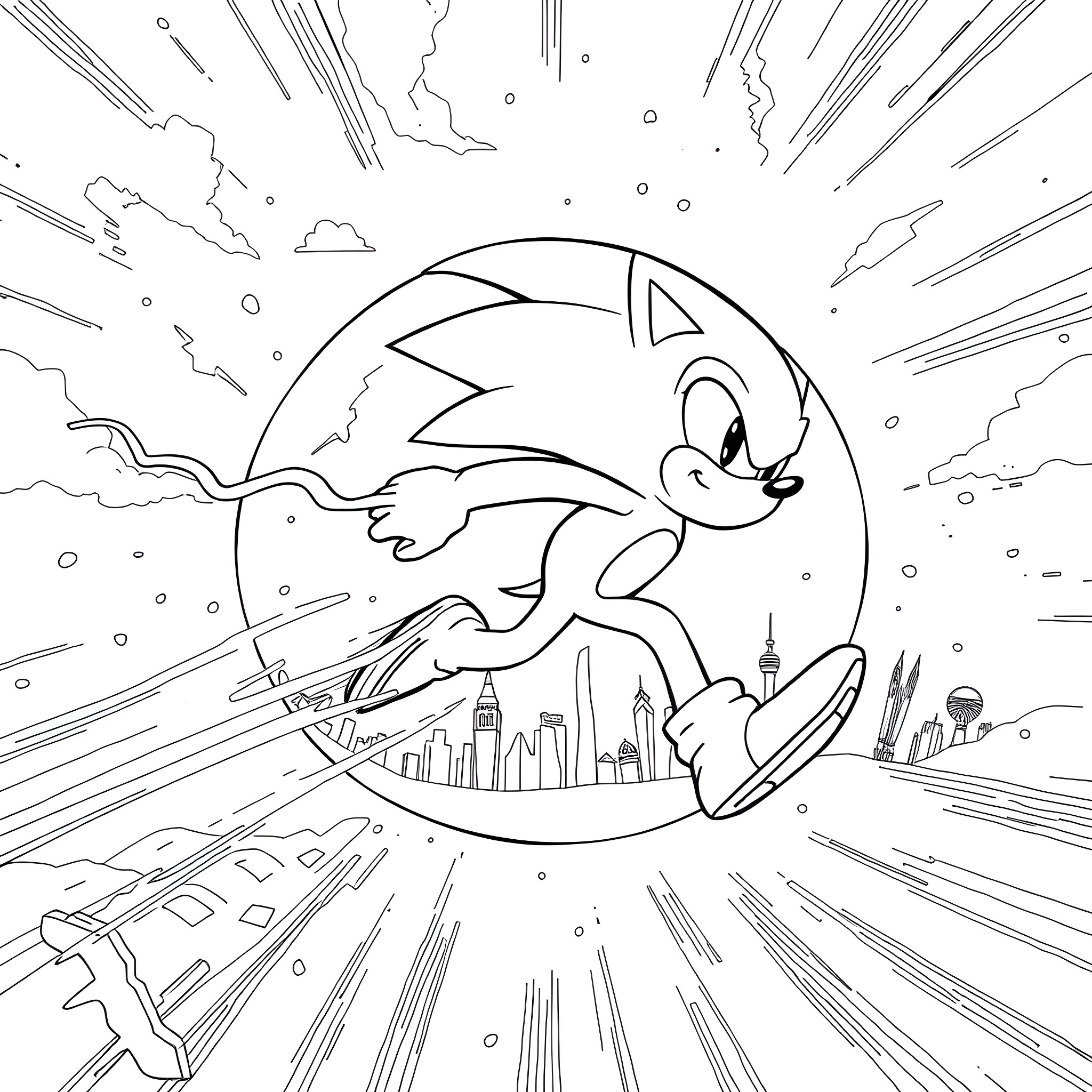 Super Sonic Dashing Through the City Coloring Page (free black-and-white line drawing printable PDF for all, from beginners to advanced learners, including children, teens, adults, and seniors)