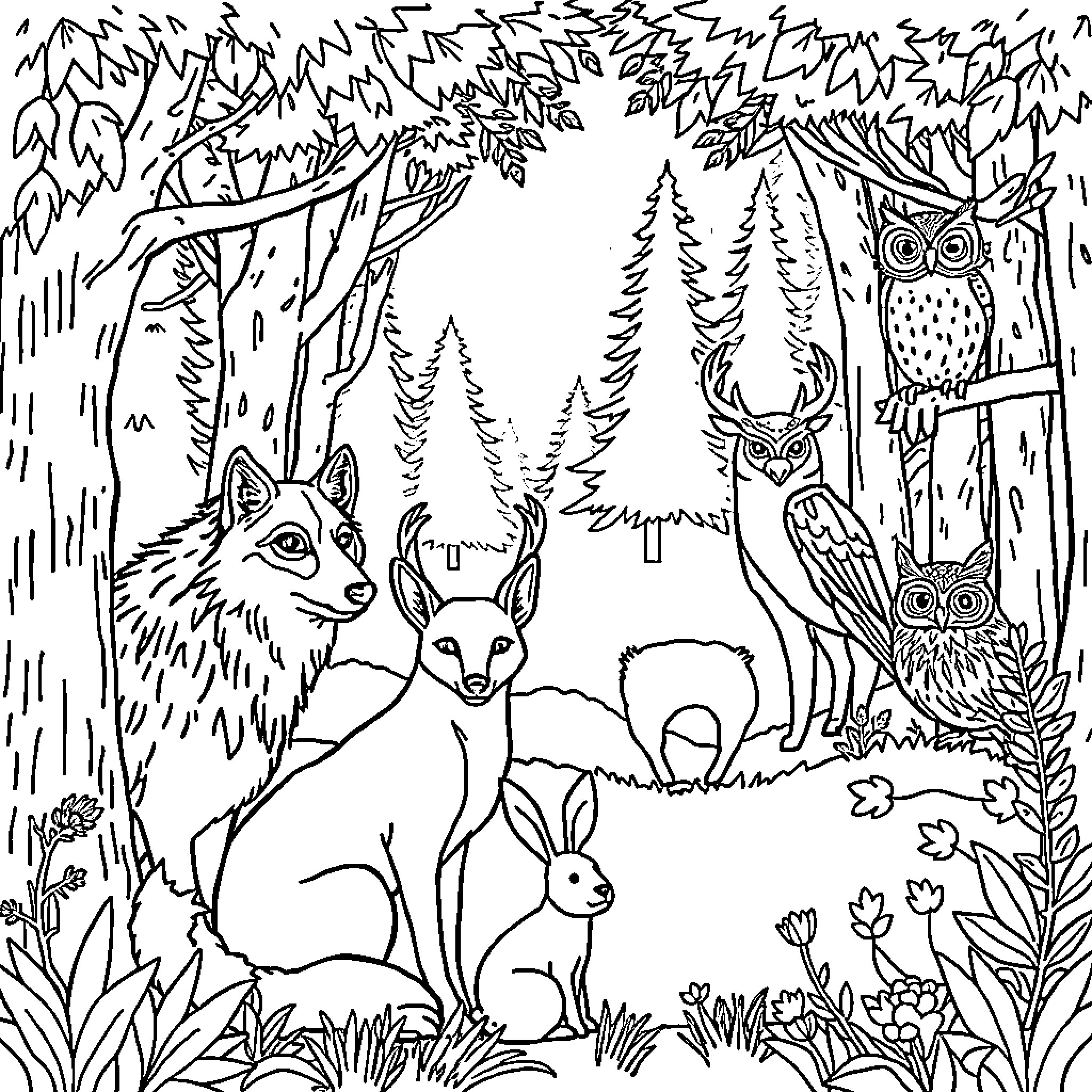 Forest Animal Gathering in Woodland Habitat Coloring Page (free black-and-white line drawing printable PDF for all, from beginners to advanced learners, including children, teens, adults, and seniors)