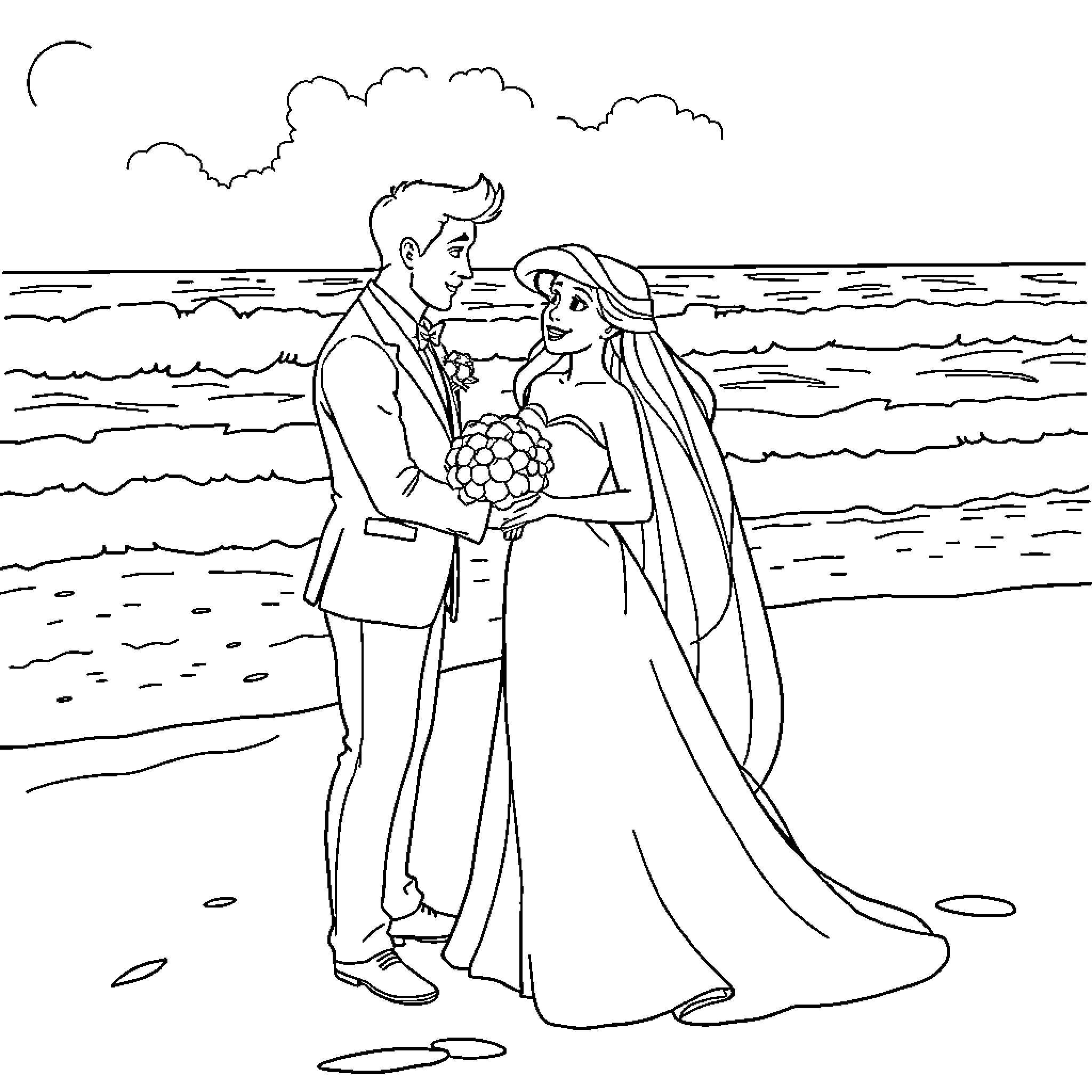 Ariel's Beachside Wedding Ceremony Coloring Page (free black-and-white line drawing printable PDF for all, from beginners to advanced learners, including children, teens, adults, and seniors)