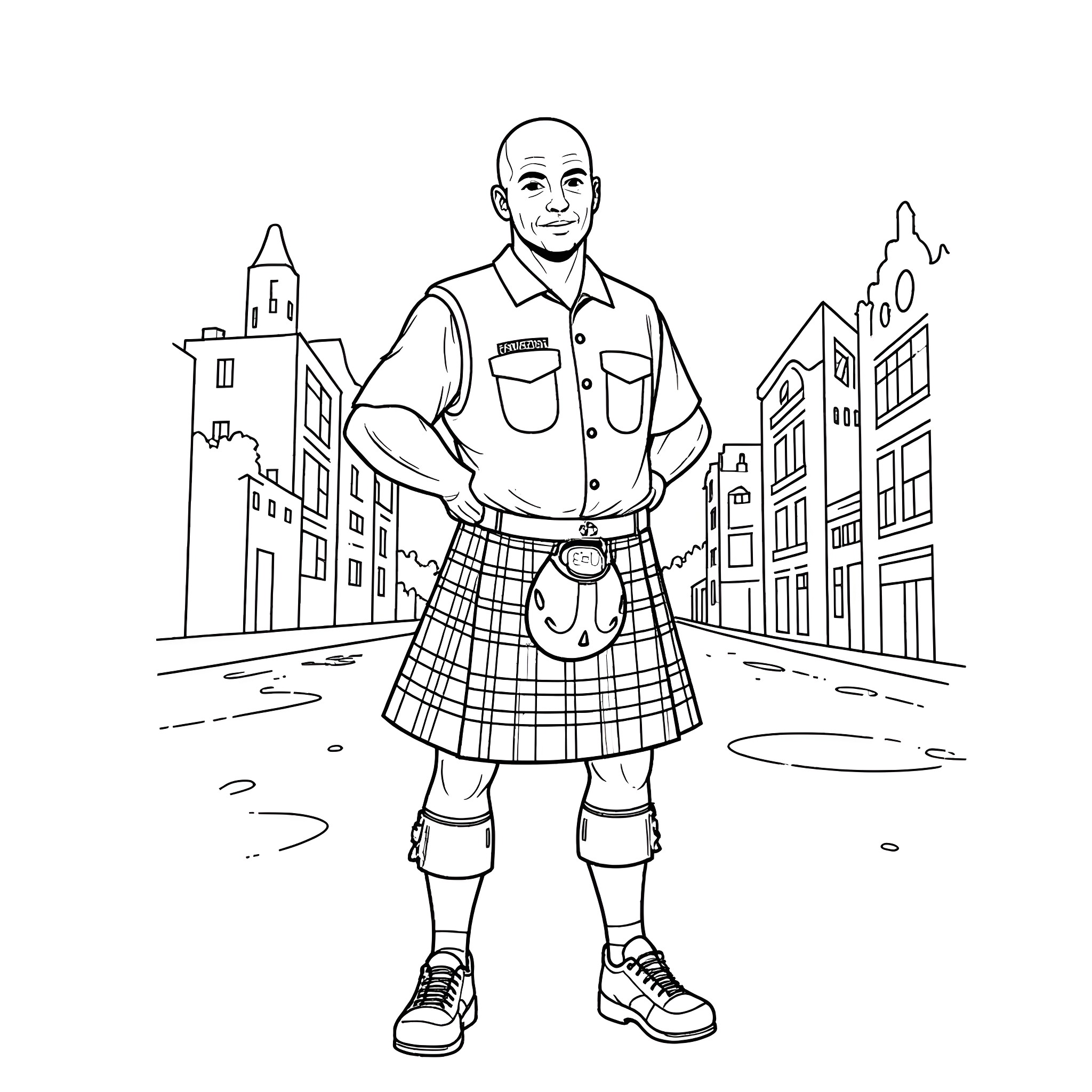Paramedic in kilt assisting in the city Coloring Page (free black-and-white line drawing printable PDF for all, from beginners to advanced learners, including children, teens, adults, and seniors)