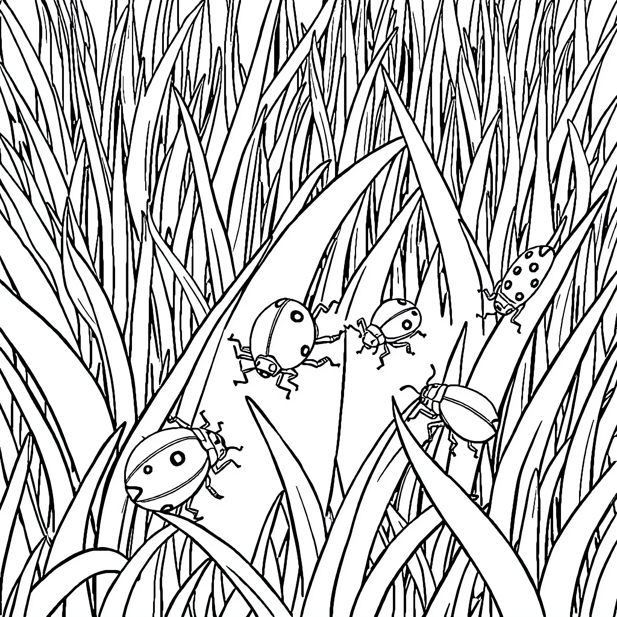 Bug adventures in the tall grass Coloring Page (free black-and-white line drawing printable PDF for all, from beginners to advanced learners, including children, teens, adults, and seniors)