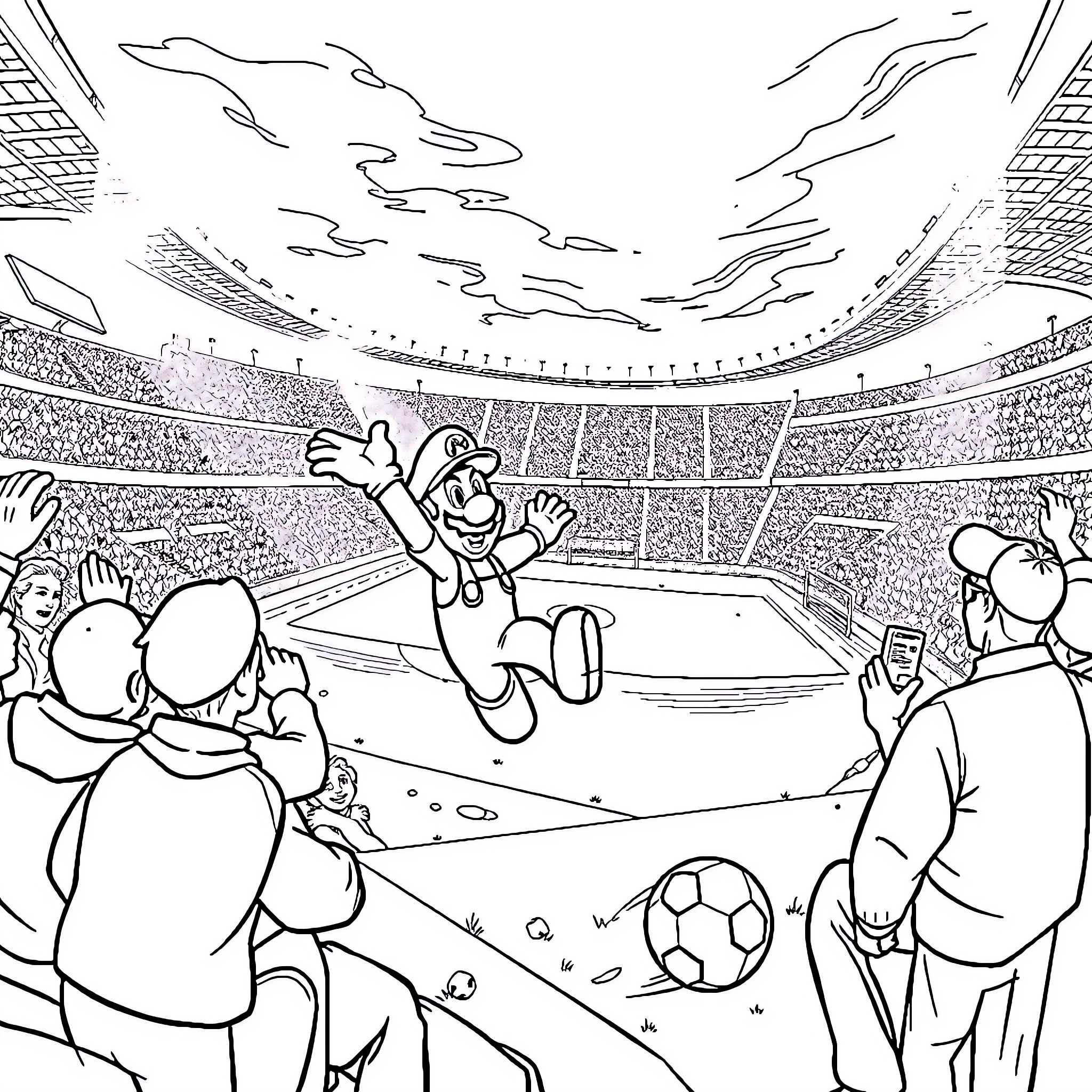 Mario celebrating victory in a soccer stadium Coloring Page (free black-and-white line drawing printable PDF for all, from beginners to advanced learners, including children, teens, adults, and seniors)
