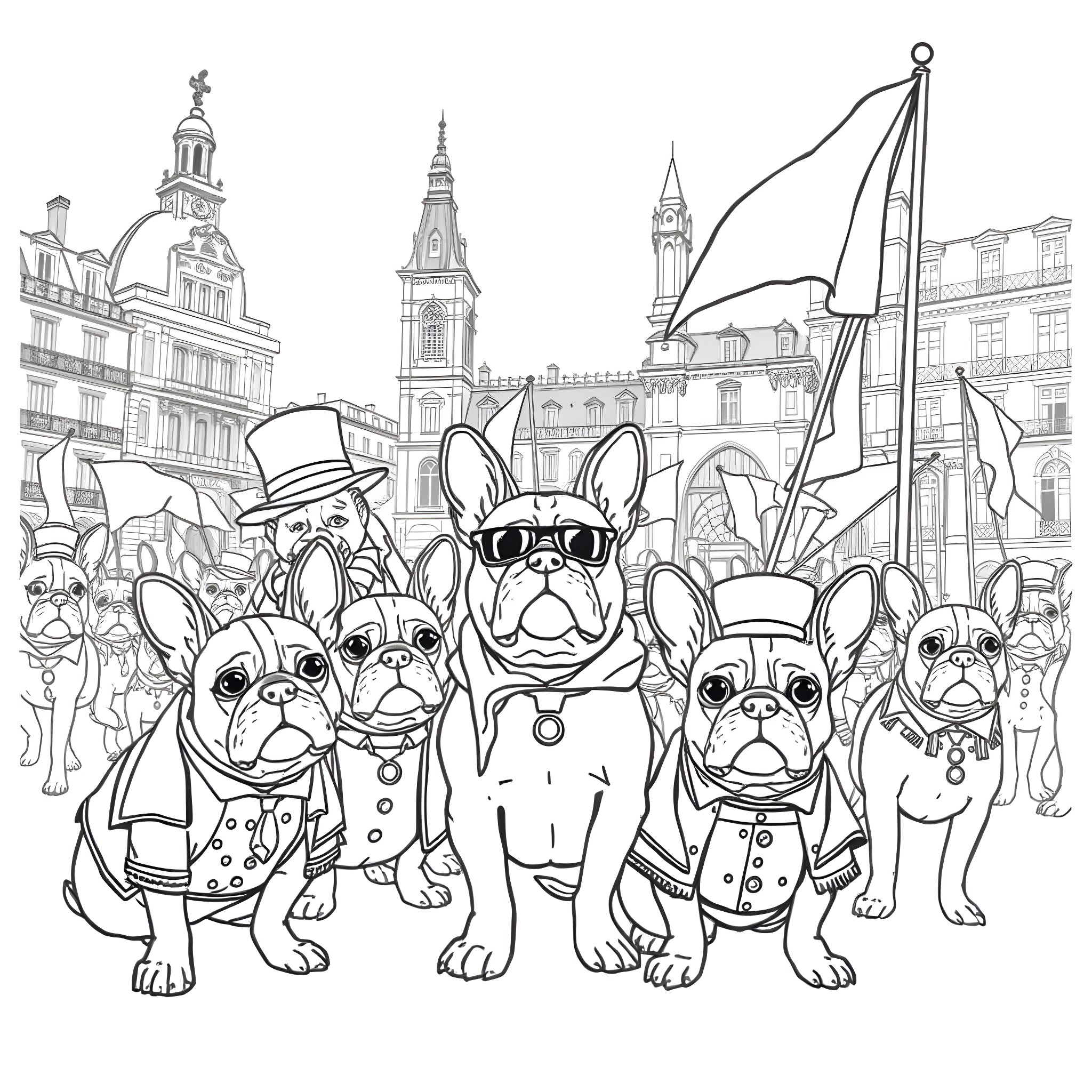 French Bulldog friends enjoying a day out in the city Coloring Page (free black-and-white line drawing printable PDF for all, from beginners to advanced learners, including children, teens, adults, and seniors)