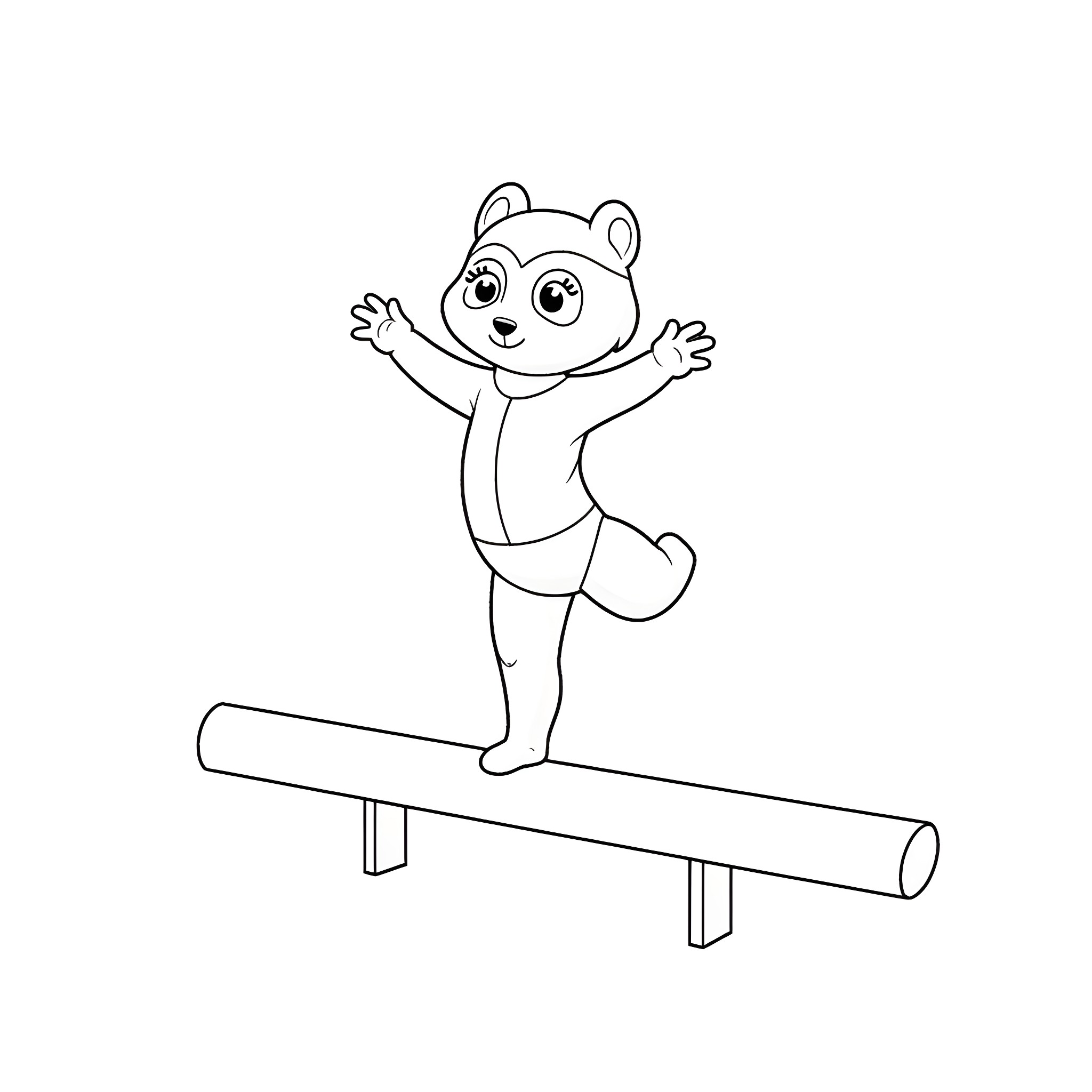 Panda balancing on beam Coloring Page (free black-and-white line drawing printable PDF for all, from beginners to advanced learners, including children, teens, adults, and seniors)