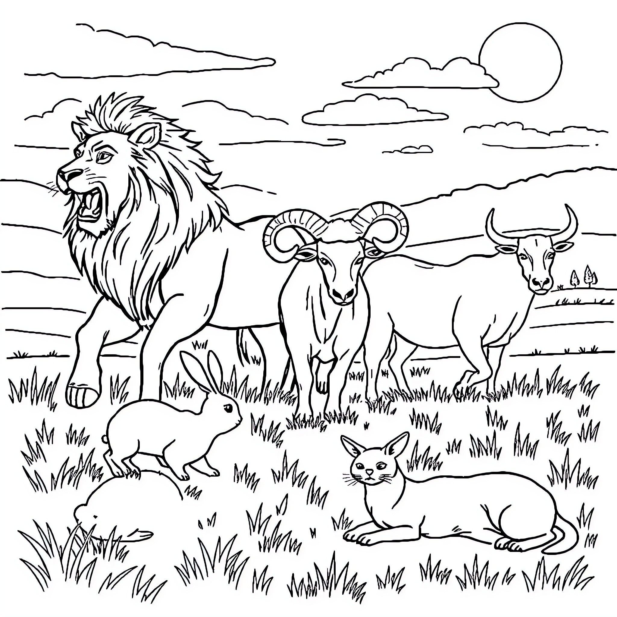 Animal Scene with Lion, Sheep, and Other Wildlife Coloring Page (free black-and-white line drawing printable PDF for all, from beginners to advanced learners, including children, teens, adults, and seniors)