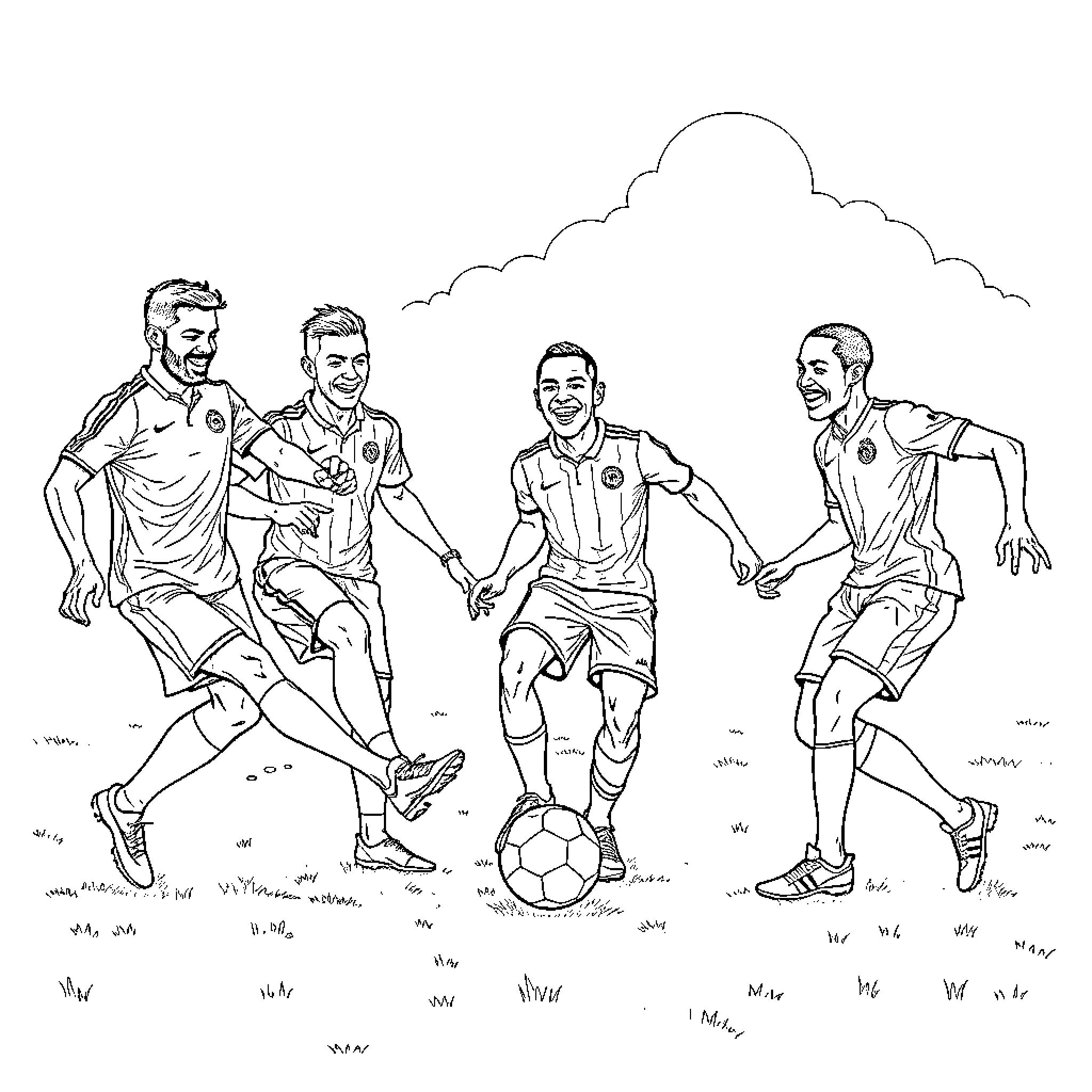 Football players in action on the field Coloring Page (free black-and-white line drawing printable PDF for all, from beginners to advanced learners, including children, teens, adults, and seniors)