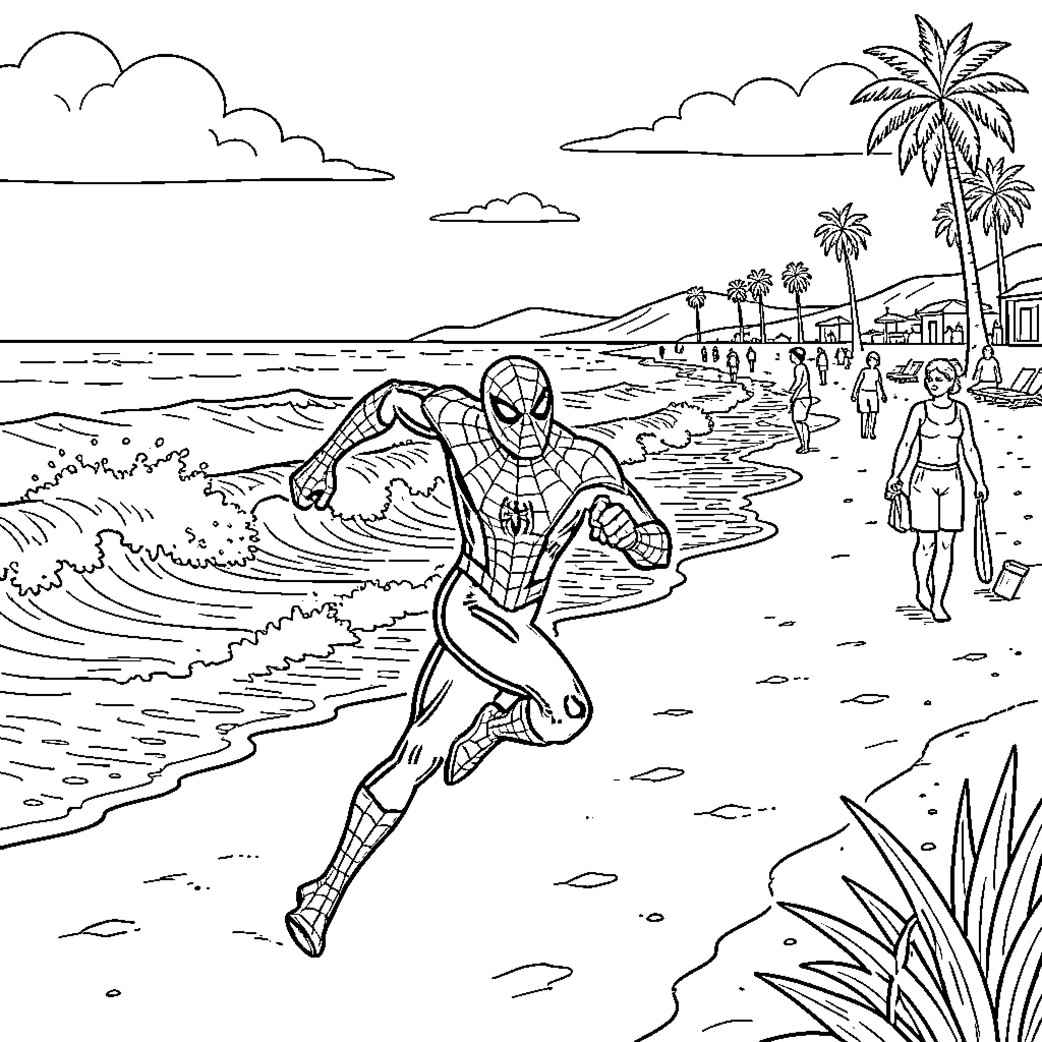 Spiderman running dynamically along a sunny beach Coloring Page (free black-and-white line drawing printable PDF for all, from beginners to advanced learners, including children, teens, adults, and seniors)