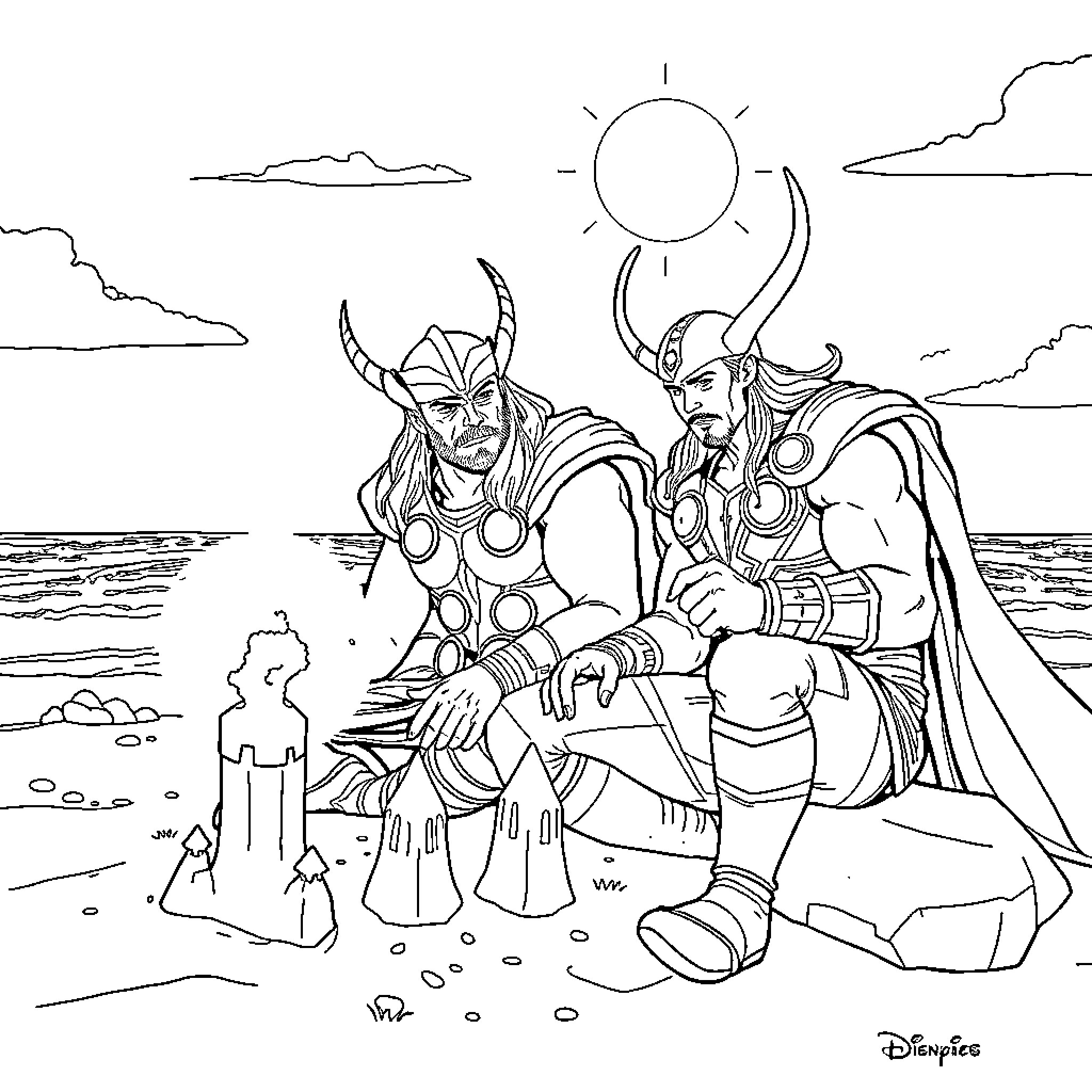 Thor and Loki in Dramatic Encounter by the Sea Coloring Page (free black-and-white line drawing printable PDF for all, from beginners to advanced learners, including children, teens, adults, and seniors)
