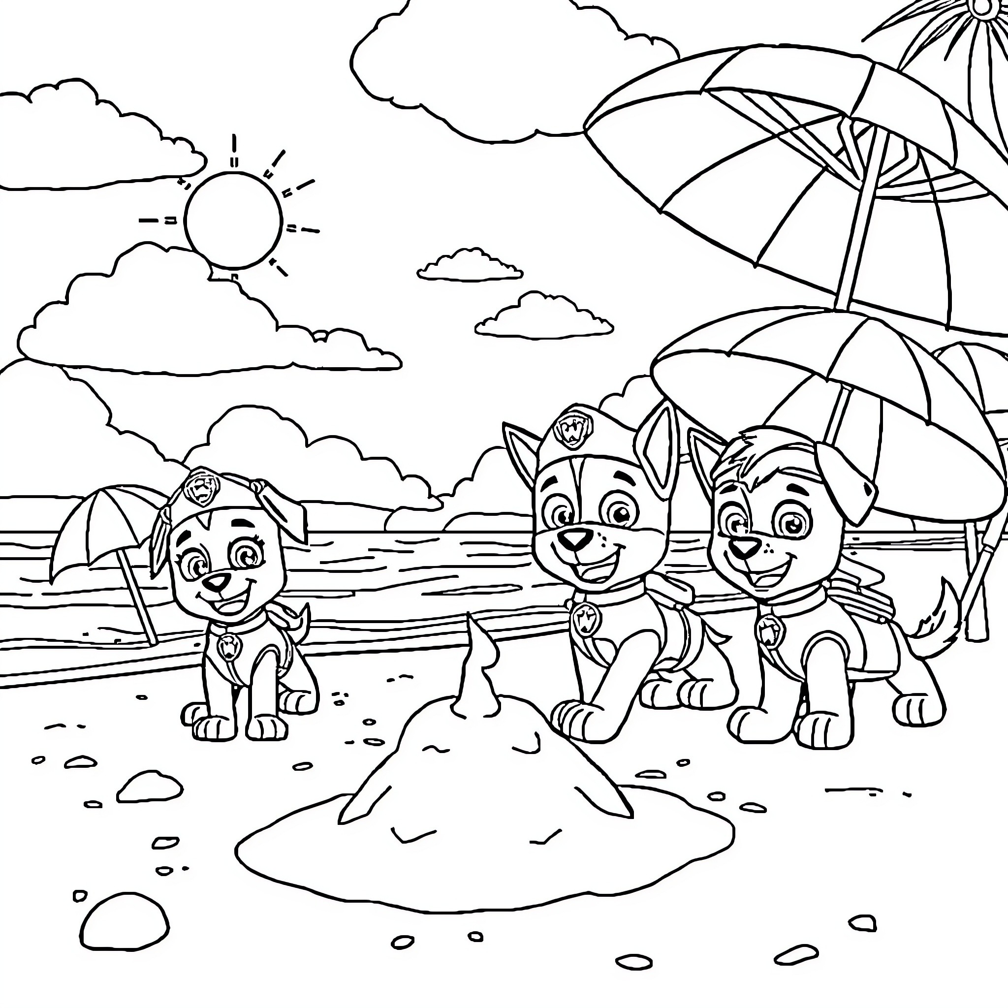 Paw Patrol Pups Enjoying a Sunny Beach Day Coloring Page (free black-and-white line drawing printable PDF for all, from beginners to advanced learners, including children, teens, adults, and seniors)