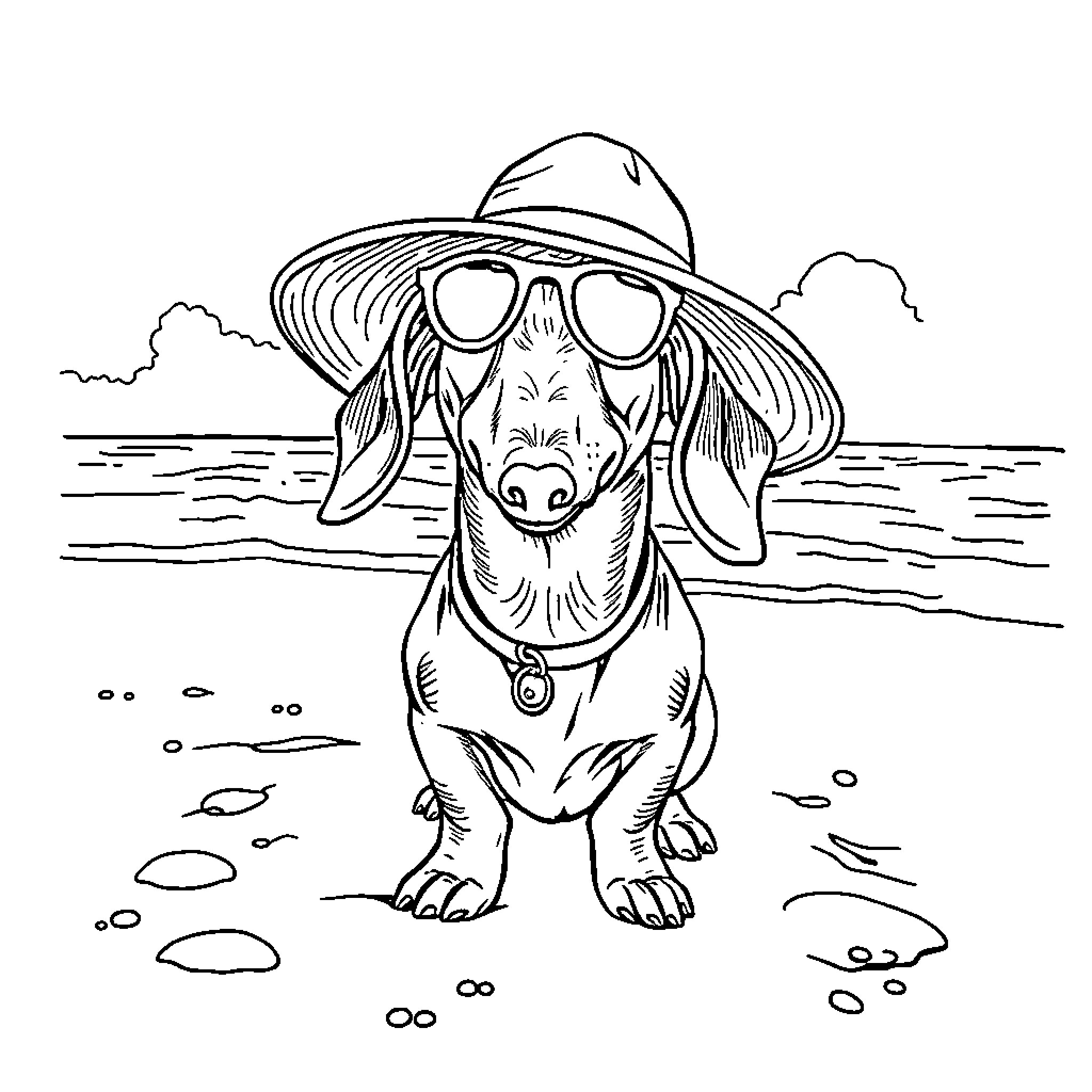 Dachshund enjoying a day at the beach Coloring Page (free black-and-white line drawing printable PDF for all, from beginners to advanced learners, including children, teens, adults, and seniors)
