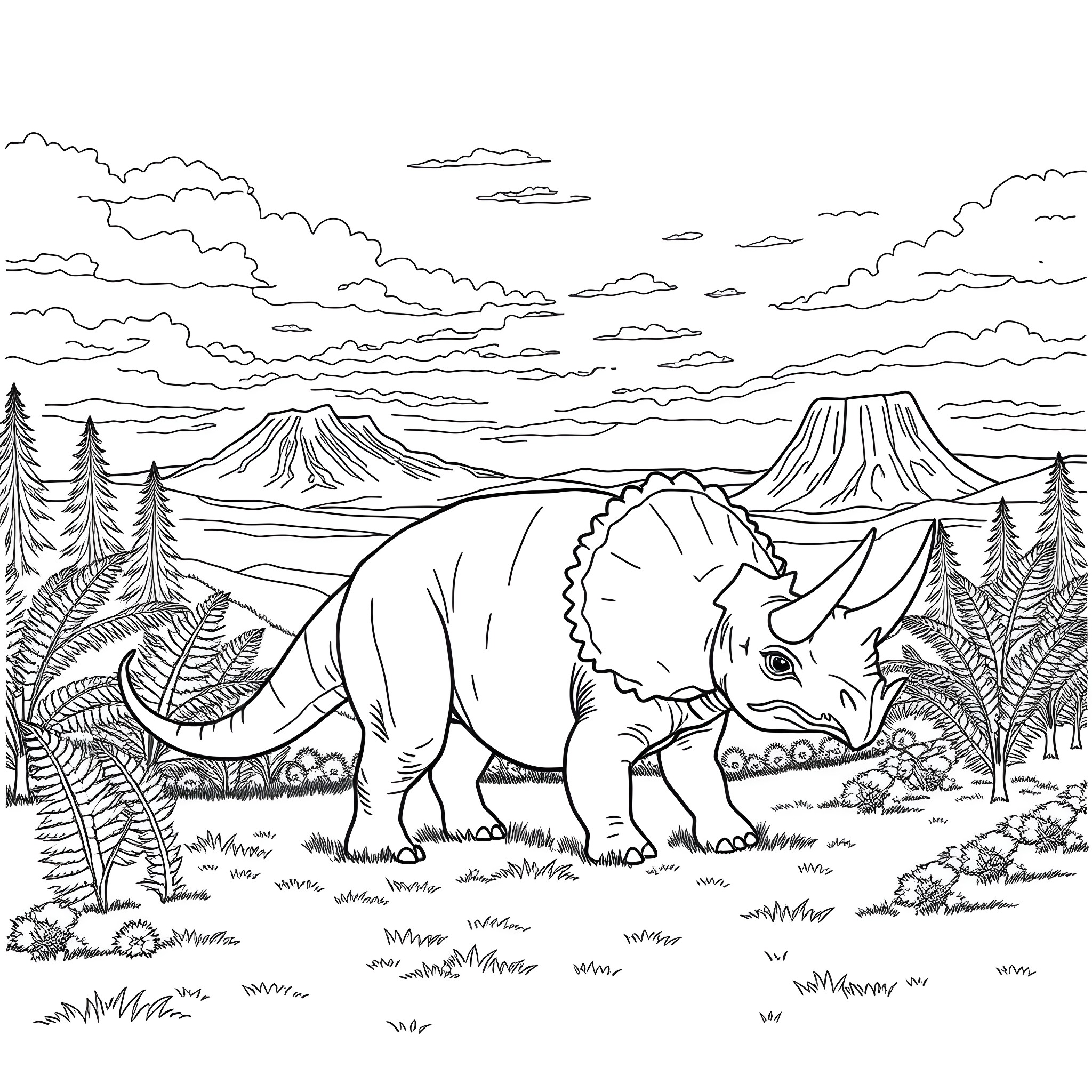 Triceratops roaming in prehistoric landscape Coloring Page (free black-and-white line drawing printable PDF for all, from beginners to advanced learners, including children, teens, adults, and seniors)