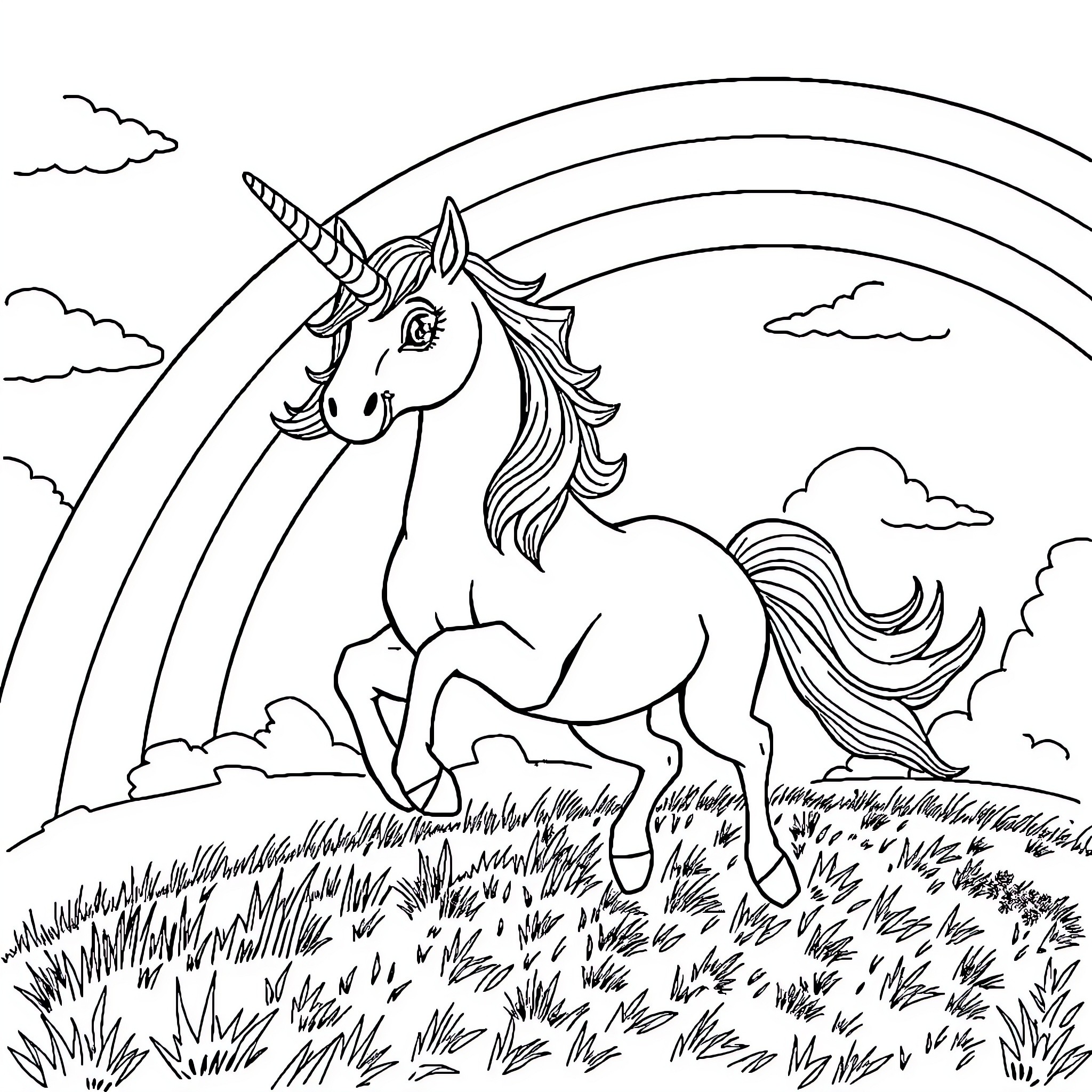 Unicorn prancing through a magical meadow Coloring Page (free black-and-white line drawing printable PDF for all, from beginners to advanced learners, including children, teens, adults, and seniors)