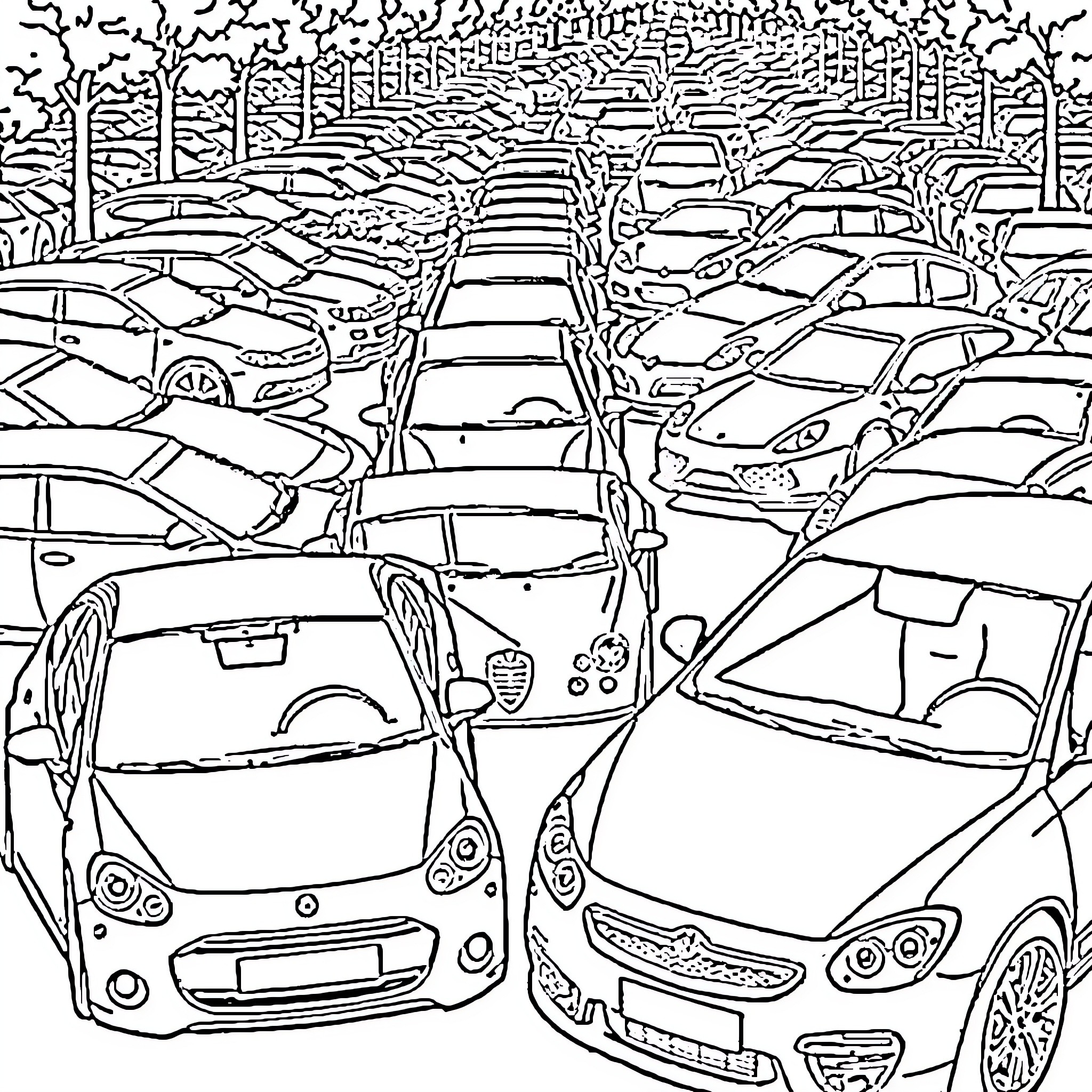 Car traffic jam in a crowded city Coloring Page (free black-and-white line drawing printable PDF for all, from beginners to advanced learners, including children, teens, adults, and seniors)
