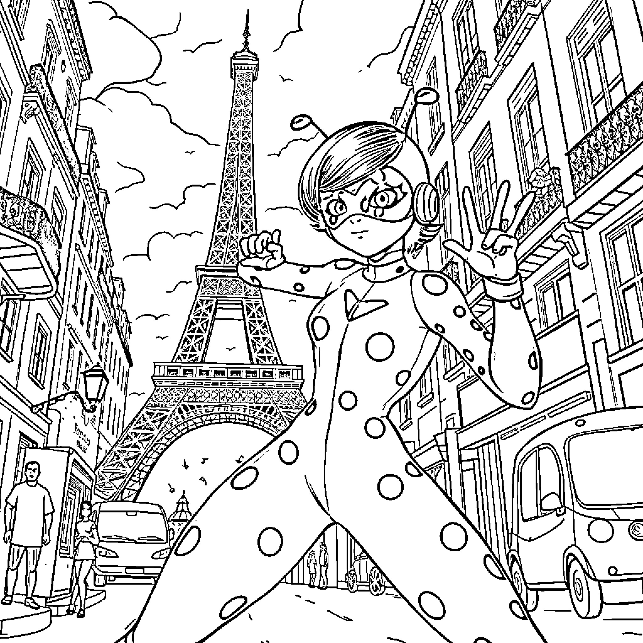 Ladybug exploring the streets of Paris Coloring Page (free black-and-white line drawing printable PDF for all, from beginners to advanced learners, including children, teens, adults, and seniors)