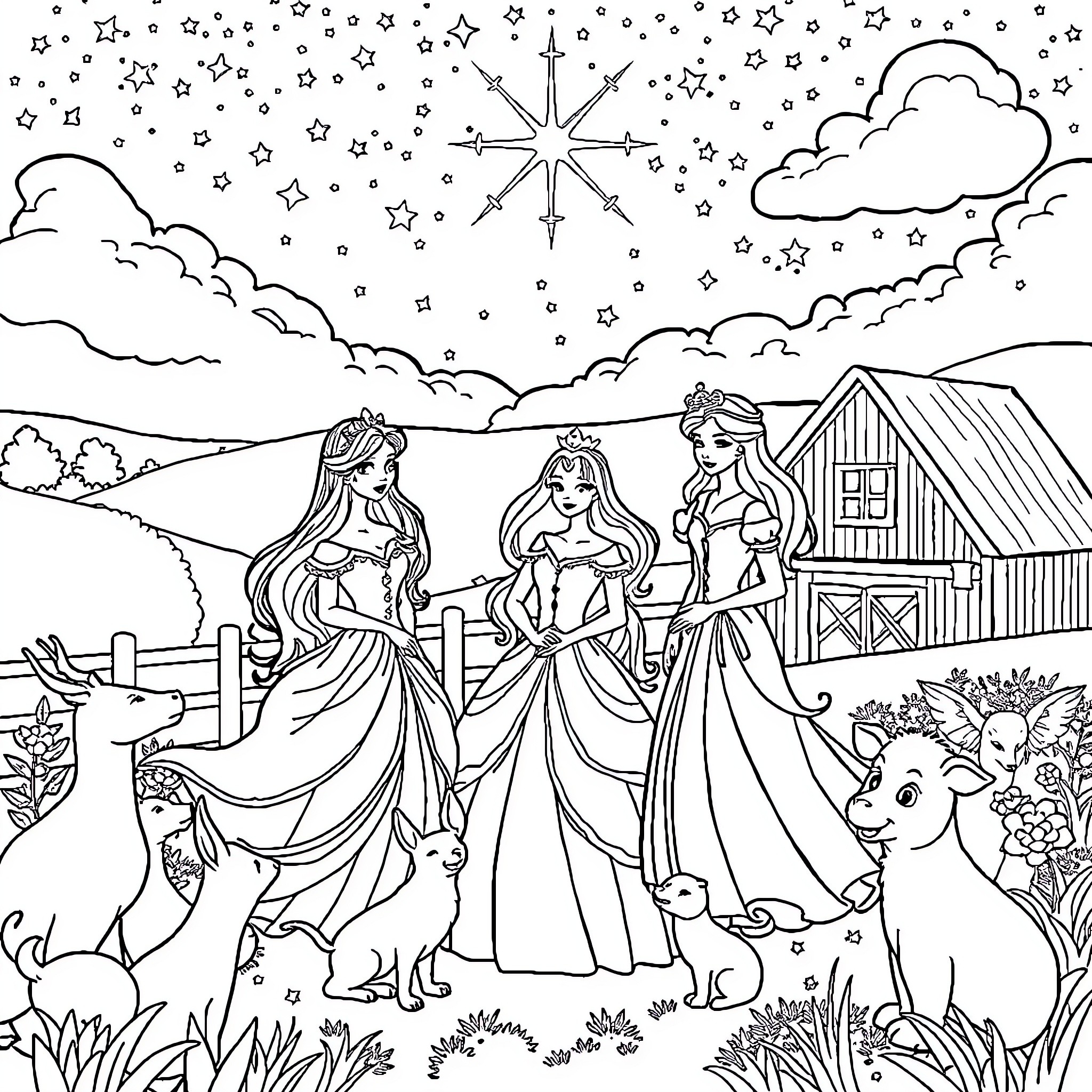 Princess Trio Exploring Enchanted Countryside Coloring Page (free black-and-white line drawing printable PDF for all, from beginners to advanced learners, including children, teens, adults, and seniors)