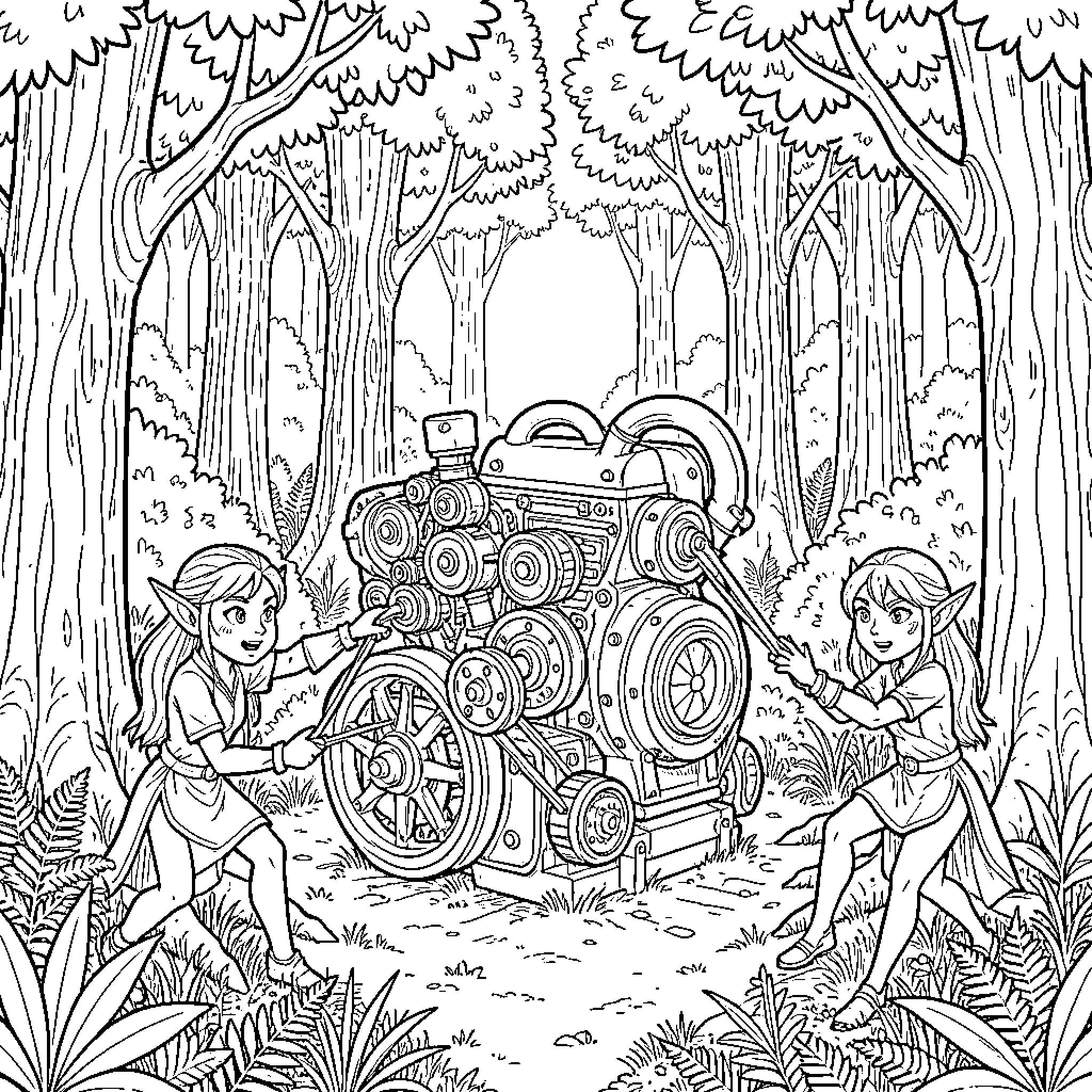 Engine explored by curious children in enchanted forest Coloring Page (free black-and-white line drawing printable PDF for all, from beginners to advanced learners, including children, teens, adults, and seniors)