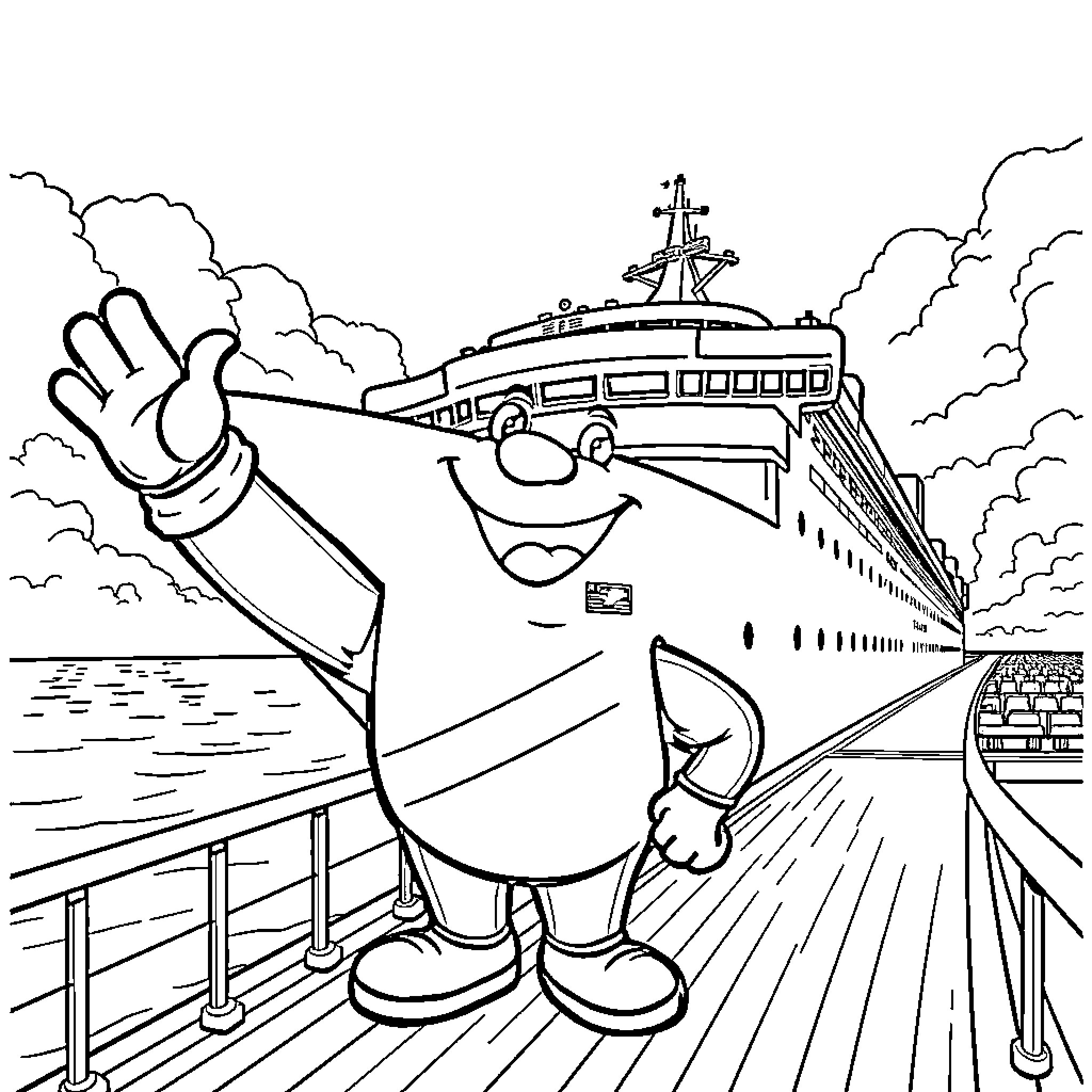 Msc Doreme waving on cruise ship deck Coloring Page (free black-and-white line drawing printable PDF for all, from beginners to advanced learners, including children, teens, adults, and seniors)