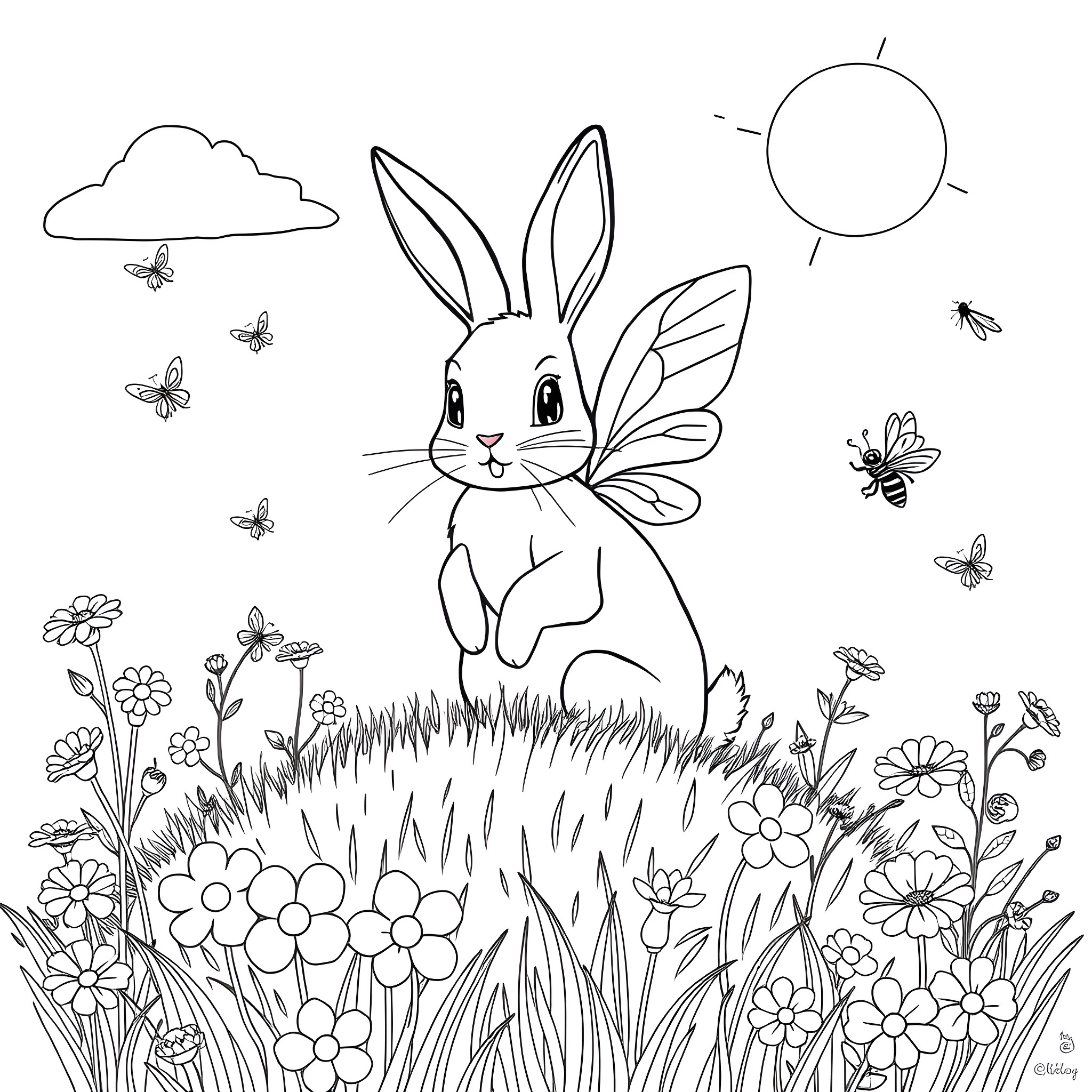 Bunny with Butterfly Friends in Floral Garden Coloring Page (free black-and-white line drawing printable PDF for all, from beginners to advanced learners, including children, teens, adults, and seniors)