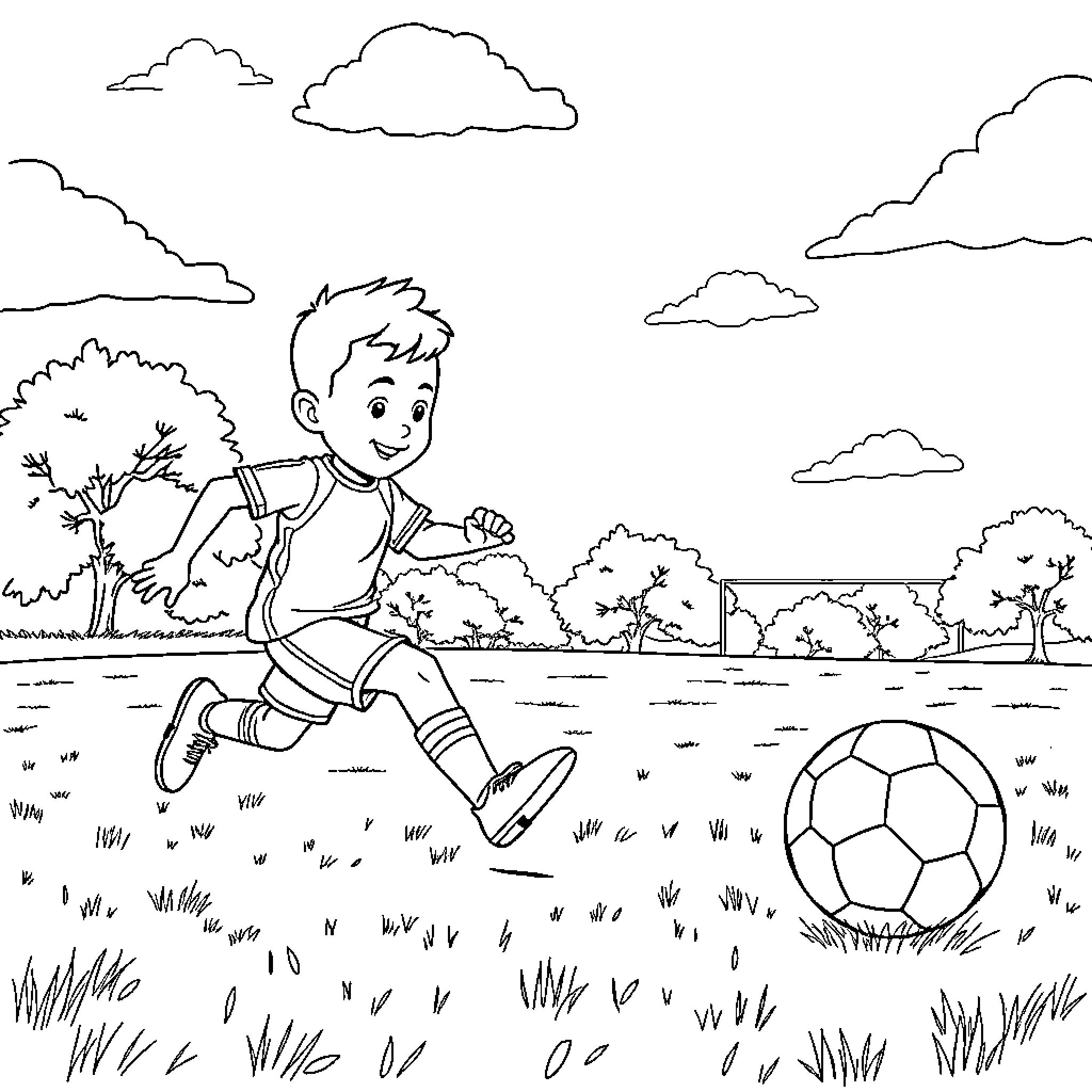 Pepa playing soccer in the park Coloring Page (free black-and-white line drawing printable PDF for all, from beginners to advanced learners, including children, teens, adults, and seniors)