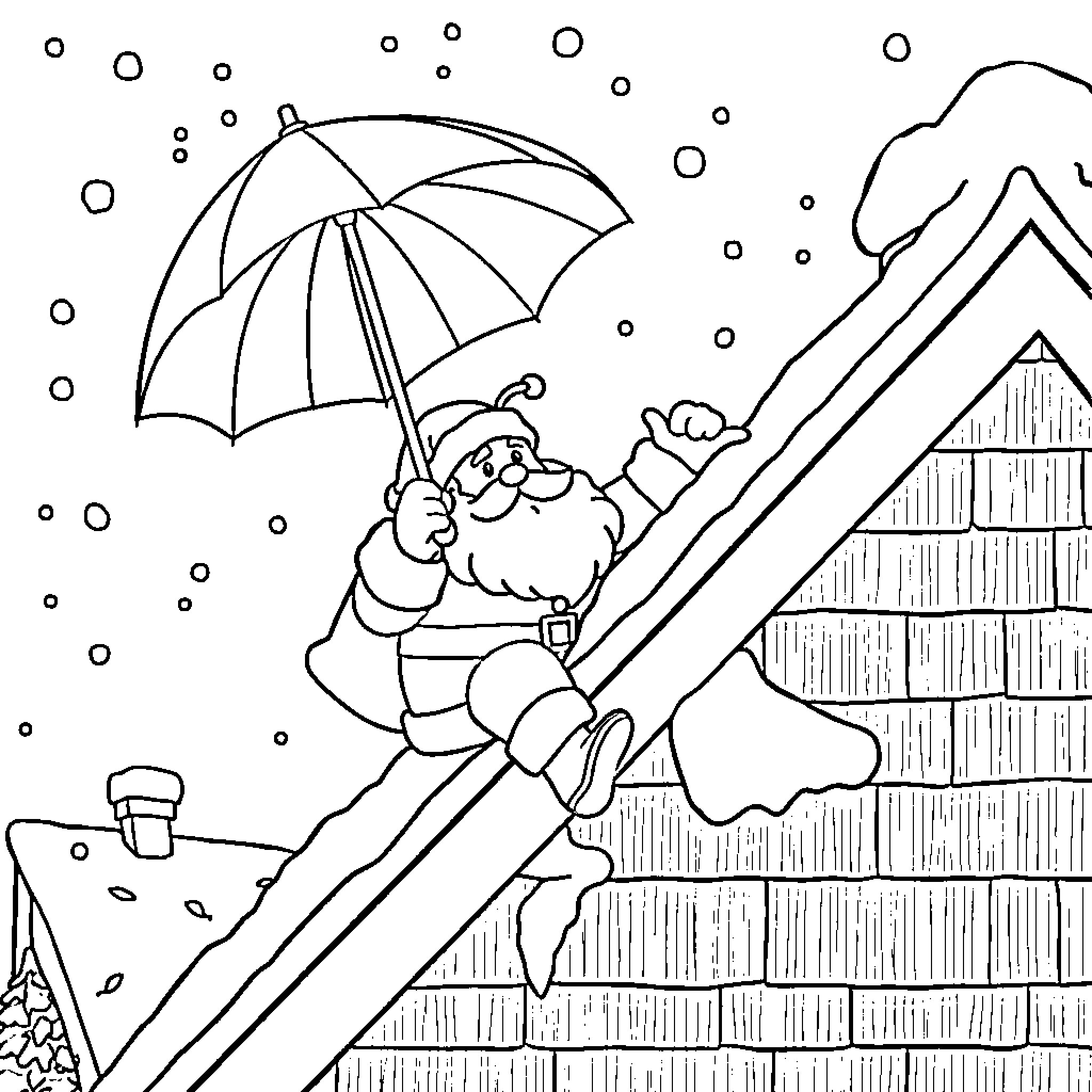 Santa Claus sliding down snowy roof with umbrella Coloring Page (free black-and-white line drawing printable PDF for all, from beginners to advanced learners, including children, teens, adults, and seniors)