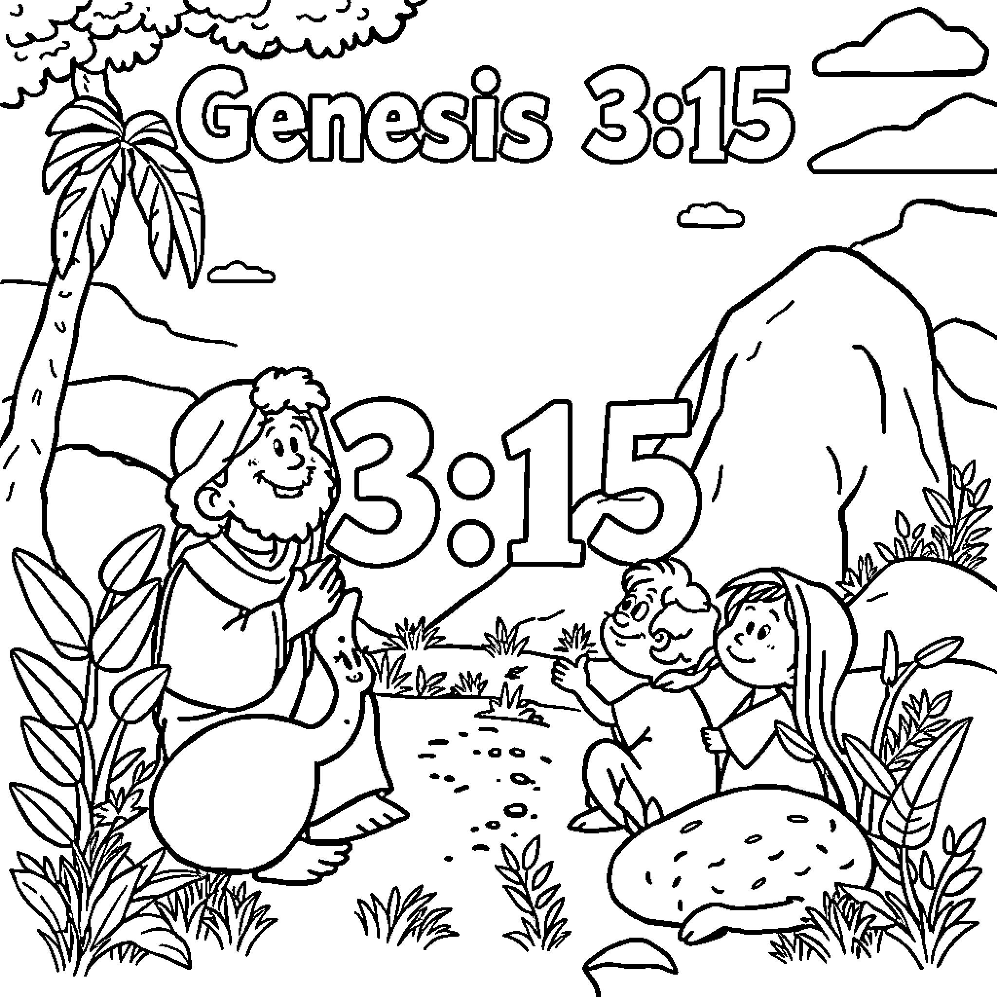 Genesis 3:15 - God's Promise of Salvation Coloring Page (free black-and-white line drawing printable PDF for all, from beginners to advanced learners, including children, teens, adults, and seniors)