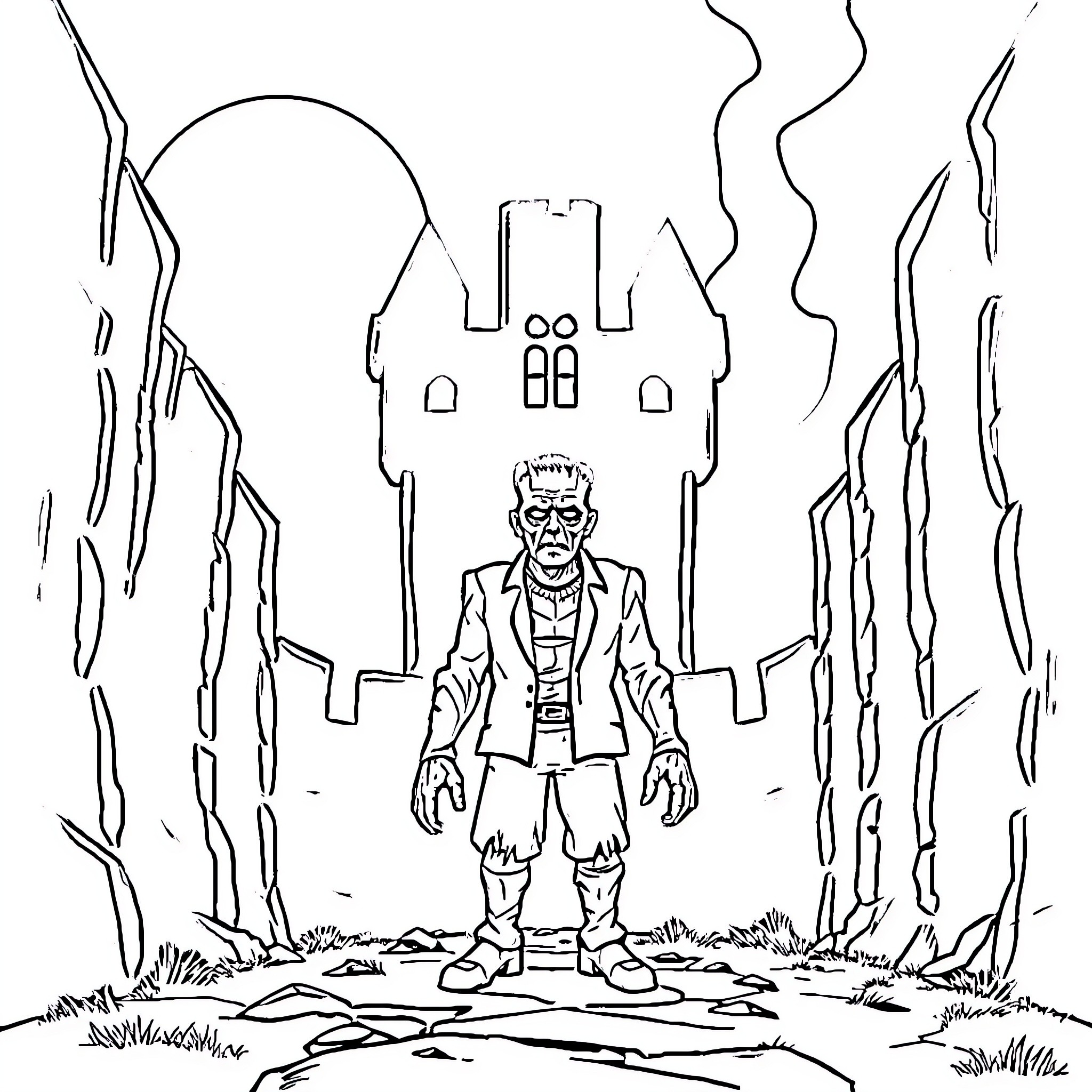Frankenstein's Monster at the Haunted Castle Coloring Page (free black-and-white line drawing printable PDF for all, from beginners to advanced learners, including children, teens, adults, and seniors)