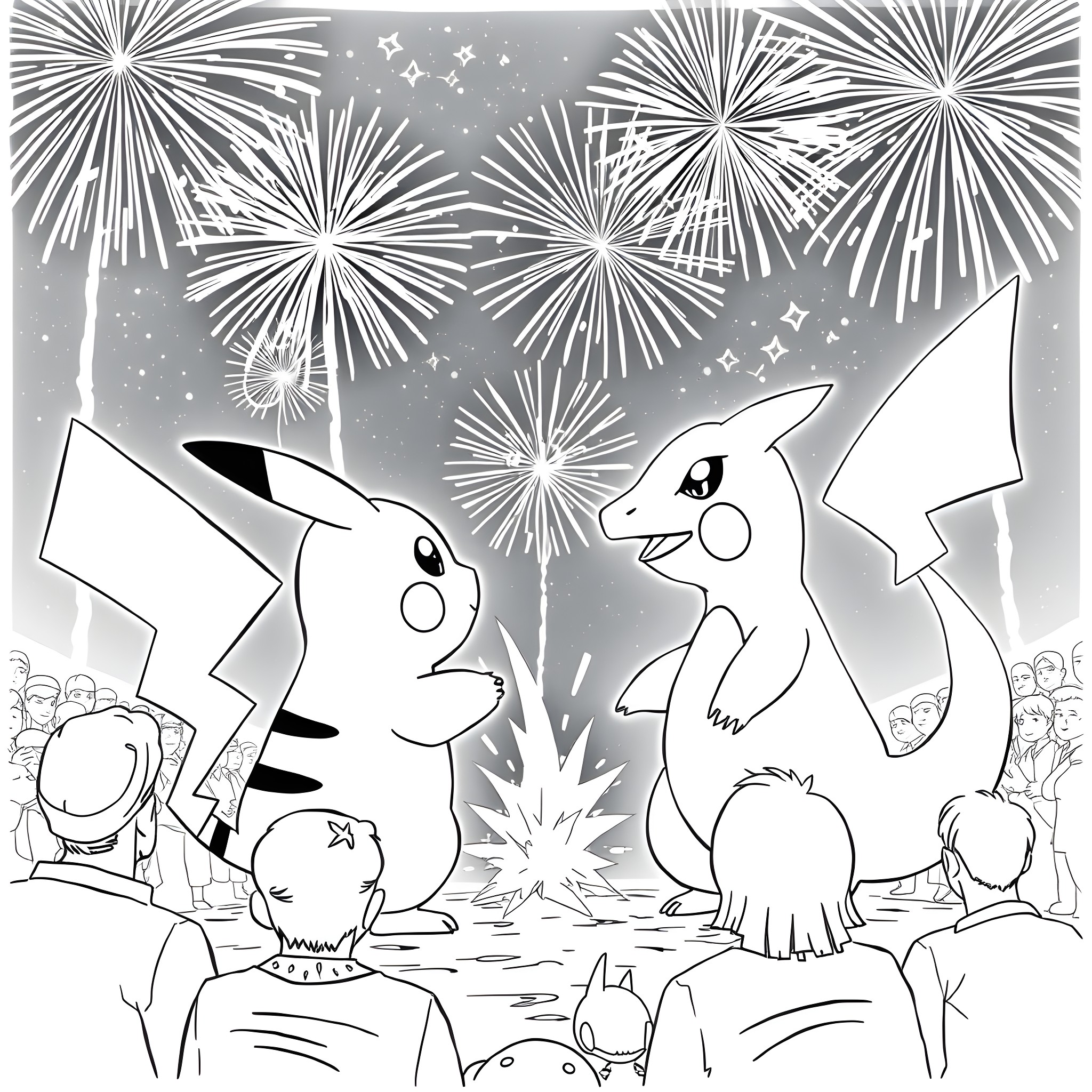Pikachu enjoying fireworks with friends Coloring Page (free black-and-white line drawing printable PDF for all, from beginners to advanced learners, including children, teens, adults, and seniors)