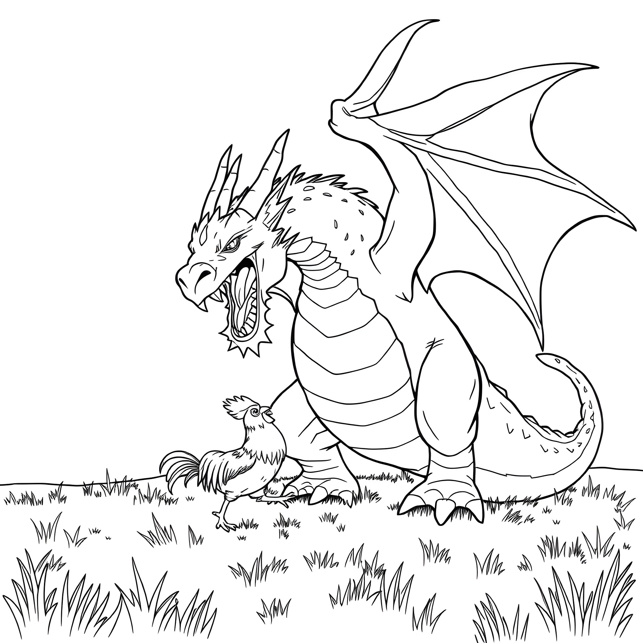 Dragon confronting a small creature in a grassy field Coloring Page (free black-and-white line drawing printable PDF for all, from beginners to advanced learners, including children, teens, adults, and seniors)