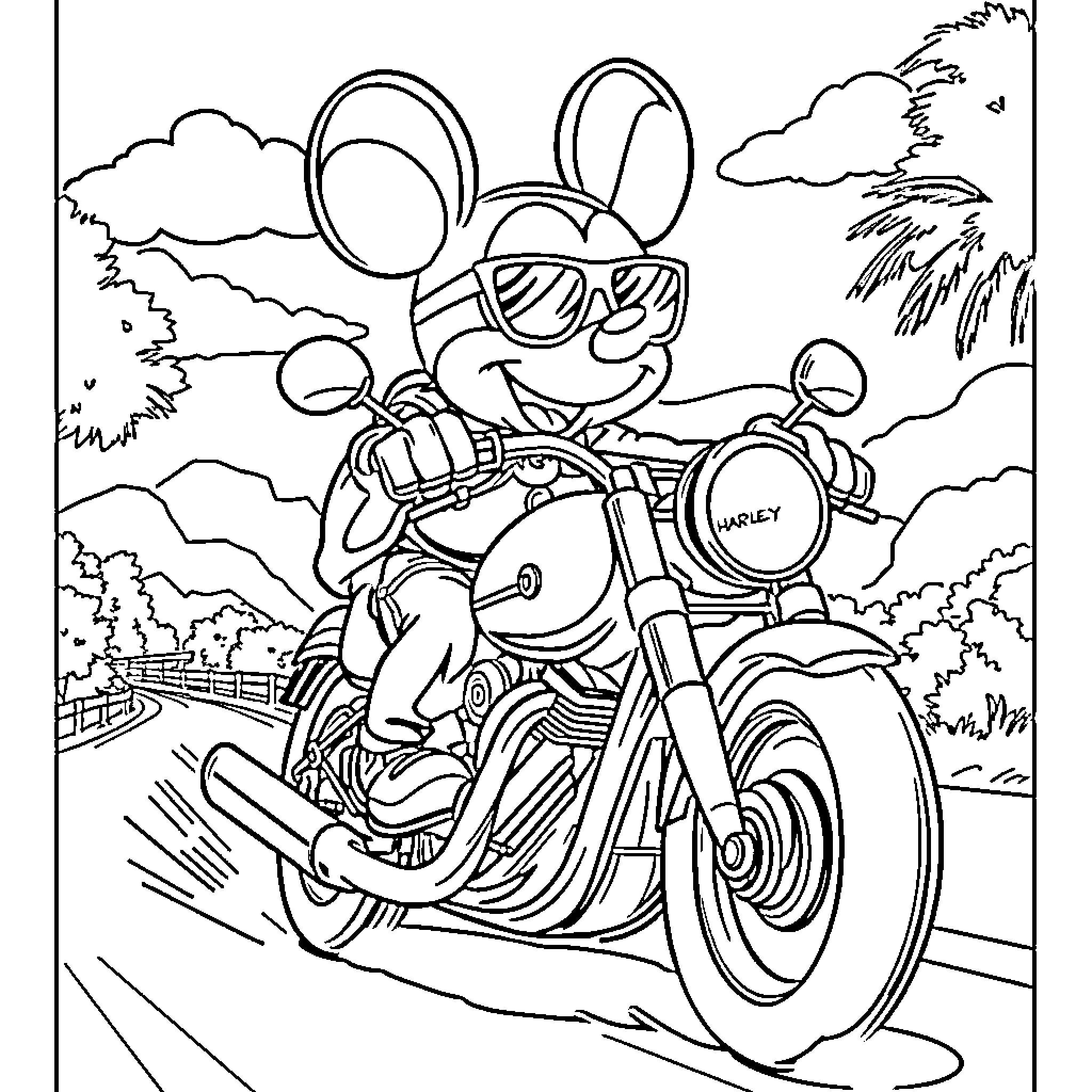 Mickey riding a motorcycle on the road Coloring Page (free black-and-white line drawing printable PDF for all, from beginners to advanced learners, including children, teens, adults, and seniors)