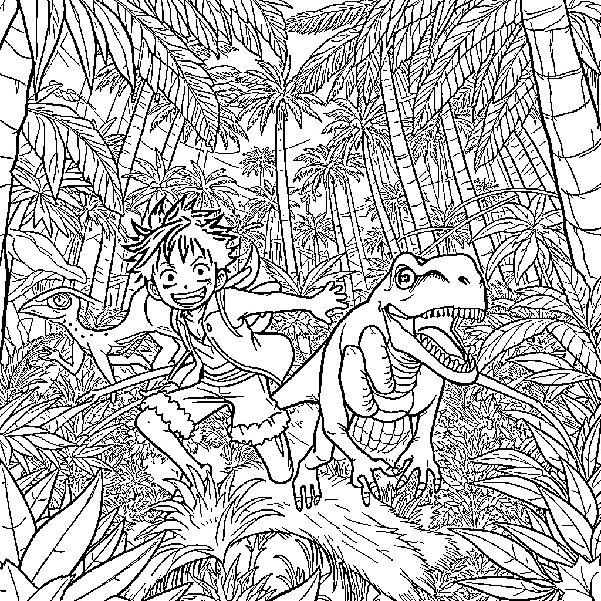 Monkey D Luffy exploring the jungle with friendly dinosaurs Coloring Page (free black-and-white line drawing printable PDF for all, from beginners to advanced learners, including children, teens, adults, and seniors)