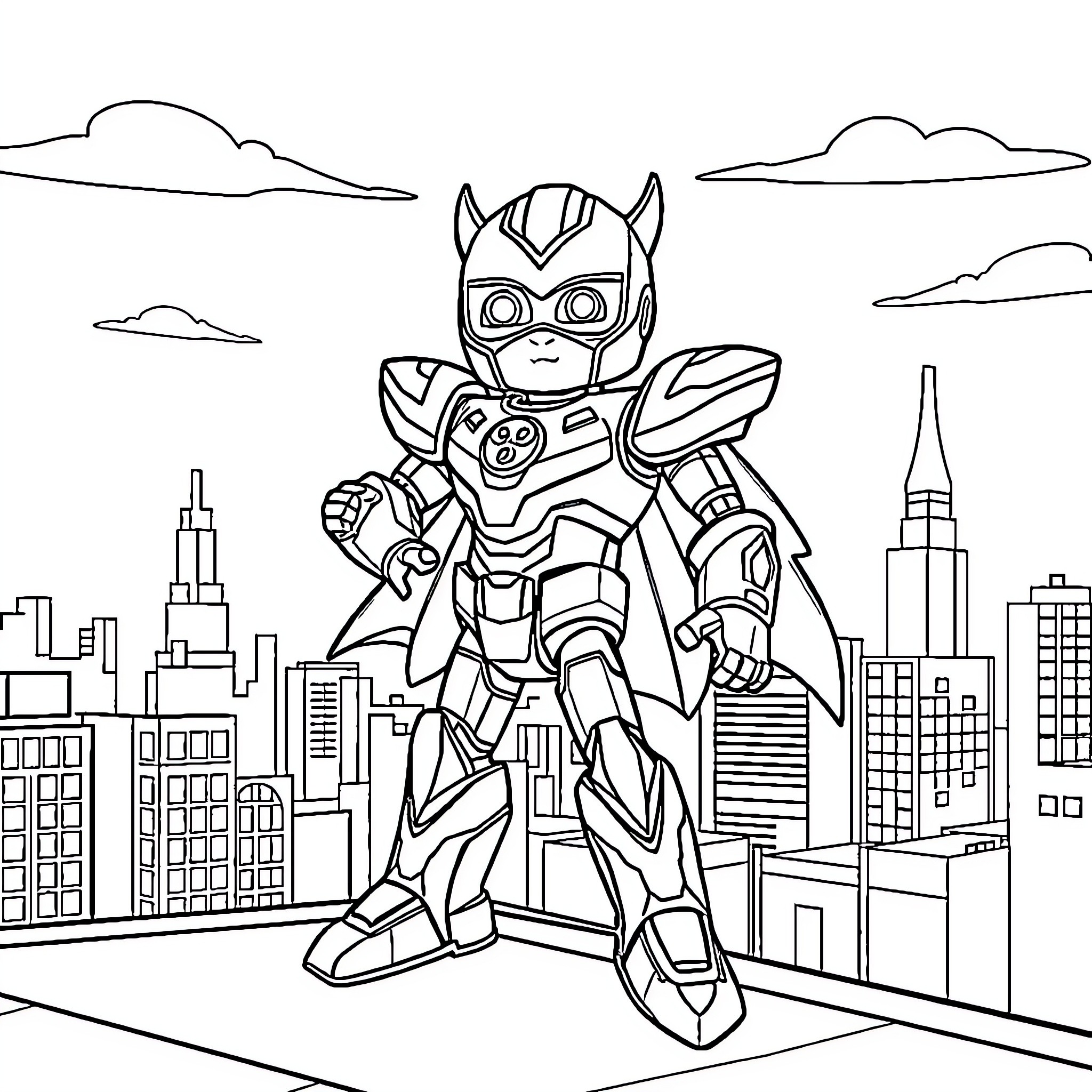 Robot hero stands tall in the city Coloring Page (free black-and-white line drawing printable PDF for all, from beginners to advanced learners, including children, teens, adults, and seniors)