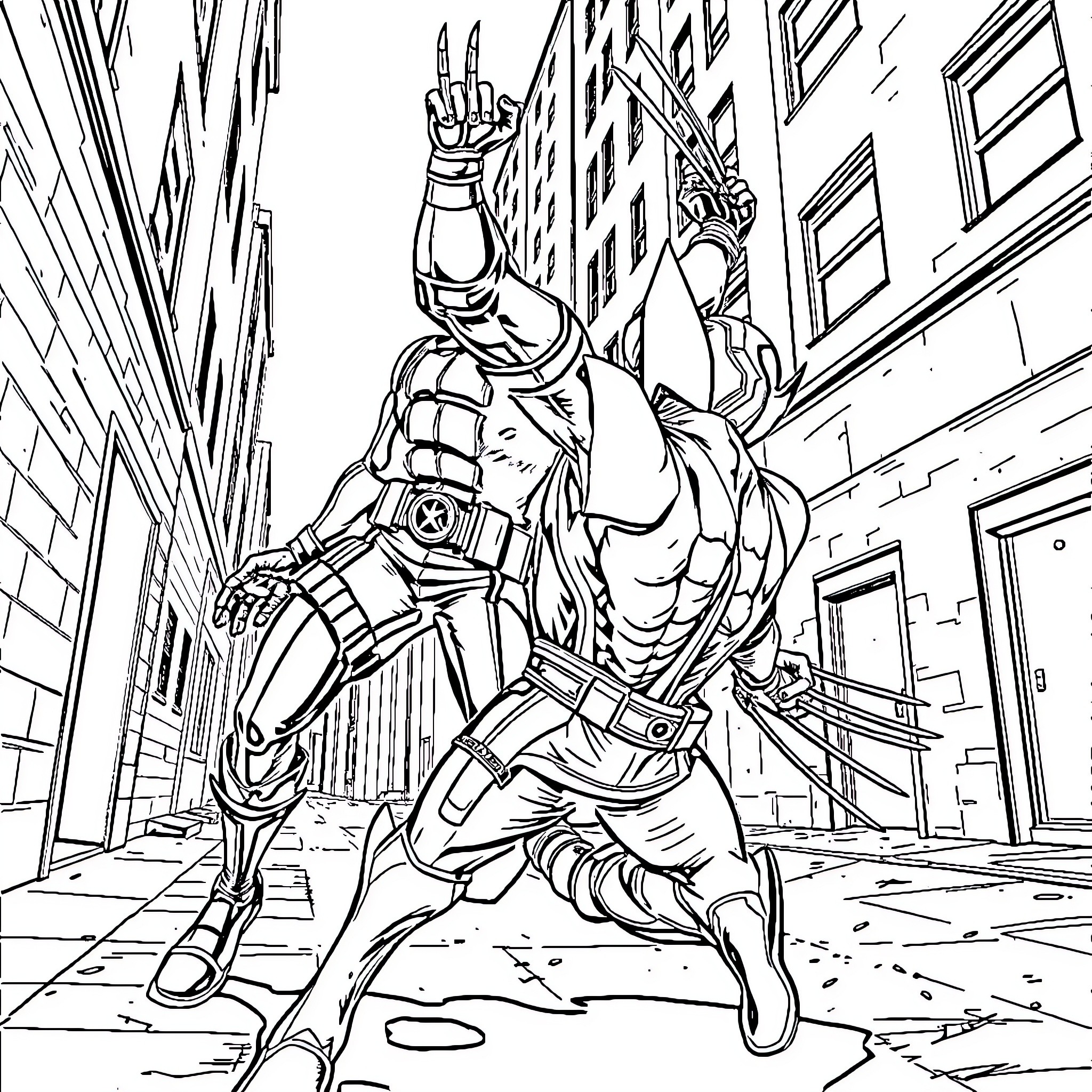 Deadpool in action-packed scene on city streets Coloring Page (free black-and-white line drawing printable PDF for all, from beginners to advanced learners, including children, teens, adults, and seniors)