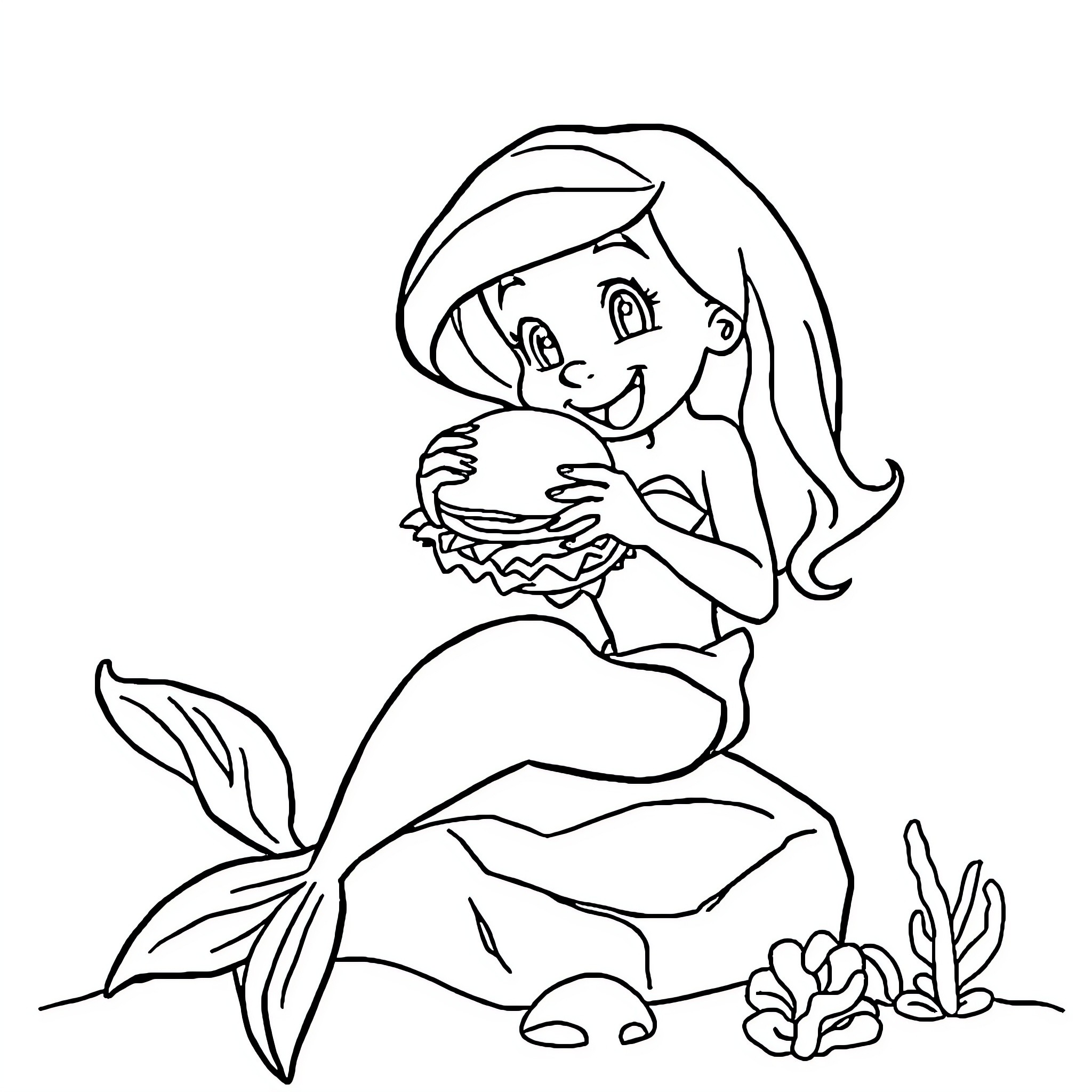 Mermaid enjoying a delightful underwater picnic Coloring Page (free black-and-white line drawing printable PDF for all, from beginners to advanced learners, including children, teens, adults, and seniors)