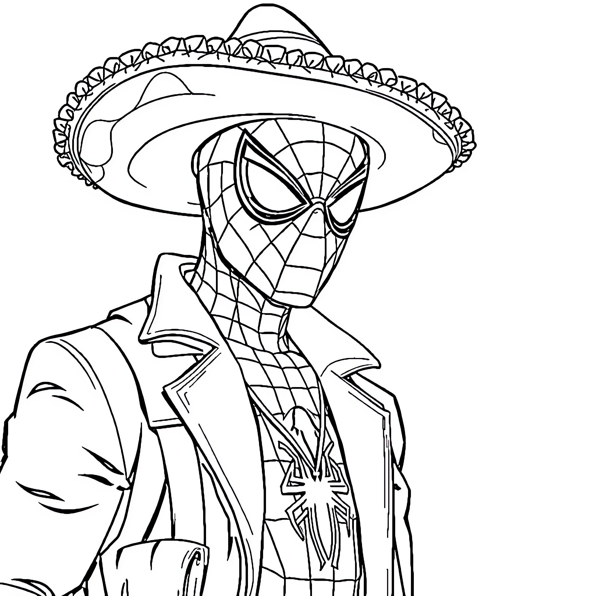 Spiderman in Mariachi Outfit Coloring Page (free black-and-white line drawing printable PDF for all, from beginners to advanced learners, including children, teens, adults, and seniors)