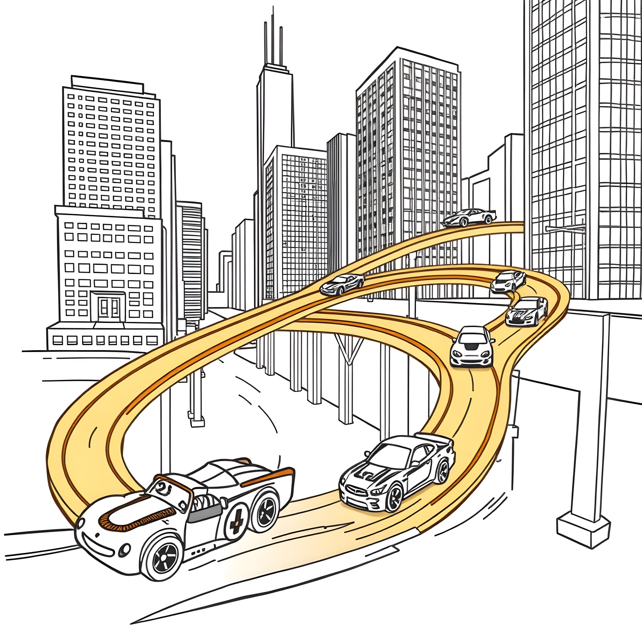 Hot Wheel Cars Racing on Track in City Skyline Coloring Page (free black-and-white line drawing printable PDF for all, from beginners to advanced learners, including children, teens, adults, and seniors)
