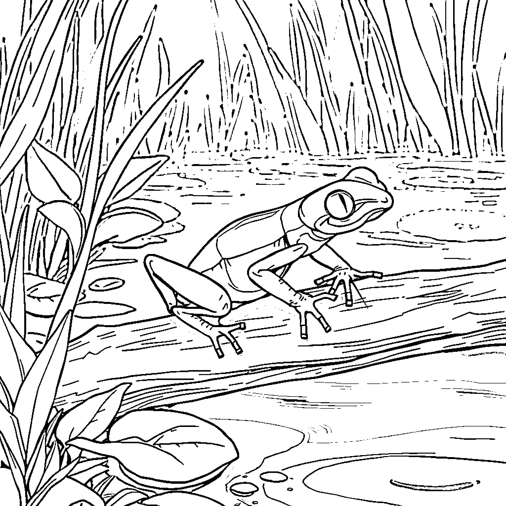 Frog hopping near a pond Coloring Page (free black-and-white line drawing printable PDF for all, from beginners to advanced learners, including children, teens, adults, and seniors)