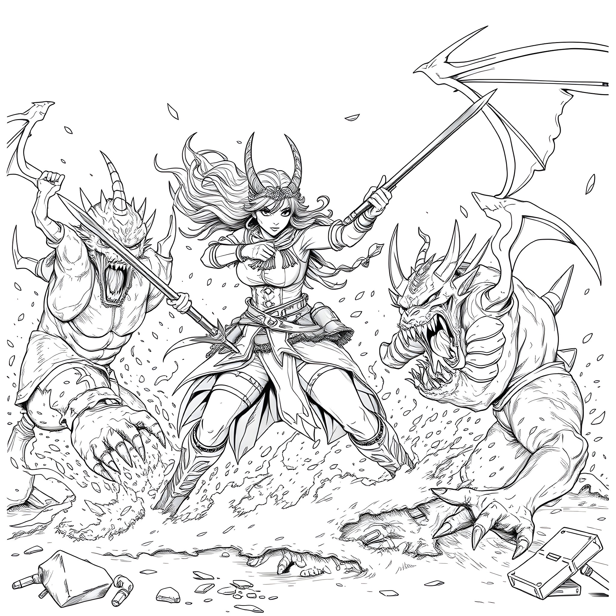Nabooru, the Fierce Warrior Battles Fearsome Foes Coloring Page (free black-and-white line drawing printable PDF for all, from beginners to advanced learners, including children, teens, adults, and seniors)