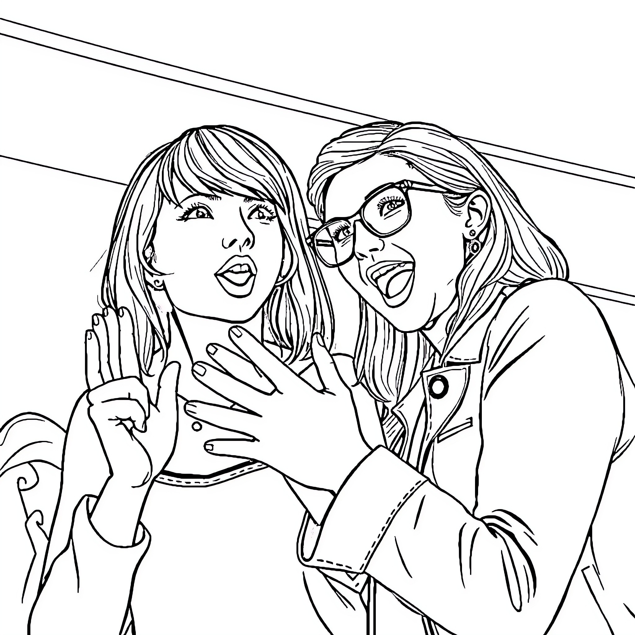 Taylor Swift posing playfully with friend Coloring Page (free black-and-white line drawing printable PDF for all, from beginners to advanced learners, including children, teens, adults, and seniors)