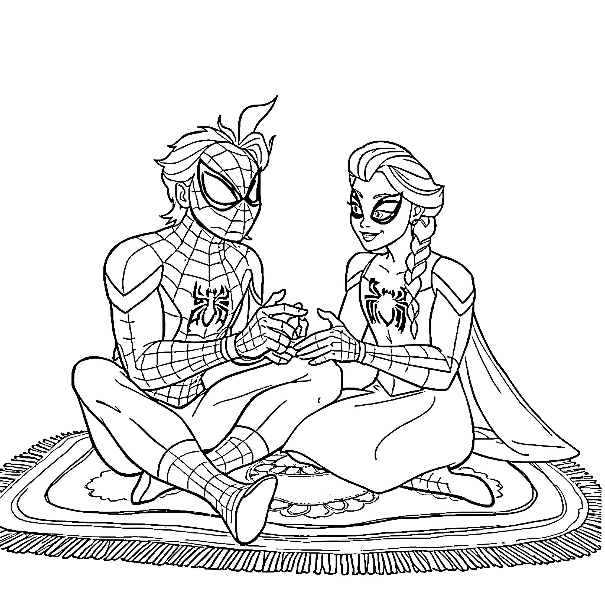 Spider-Man and Elsa Sitting Together on a Rug Coloring Page (free black-and-white line drawing printable PDF for all, from beginners to advanced learners, including children, teens, adults, and seniors)