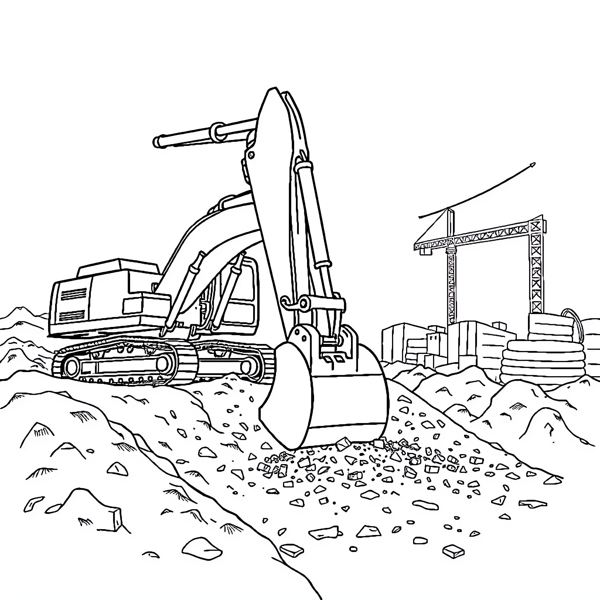 Excavator at a construction site Coloring Page (free black-and-white line drawing printable PDF for all, from beginners to advanced learners, including children, teens, adults, and seniors)