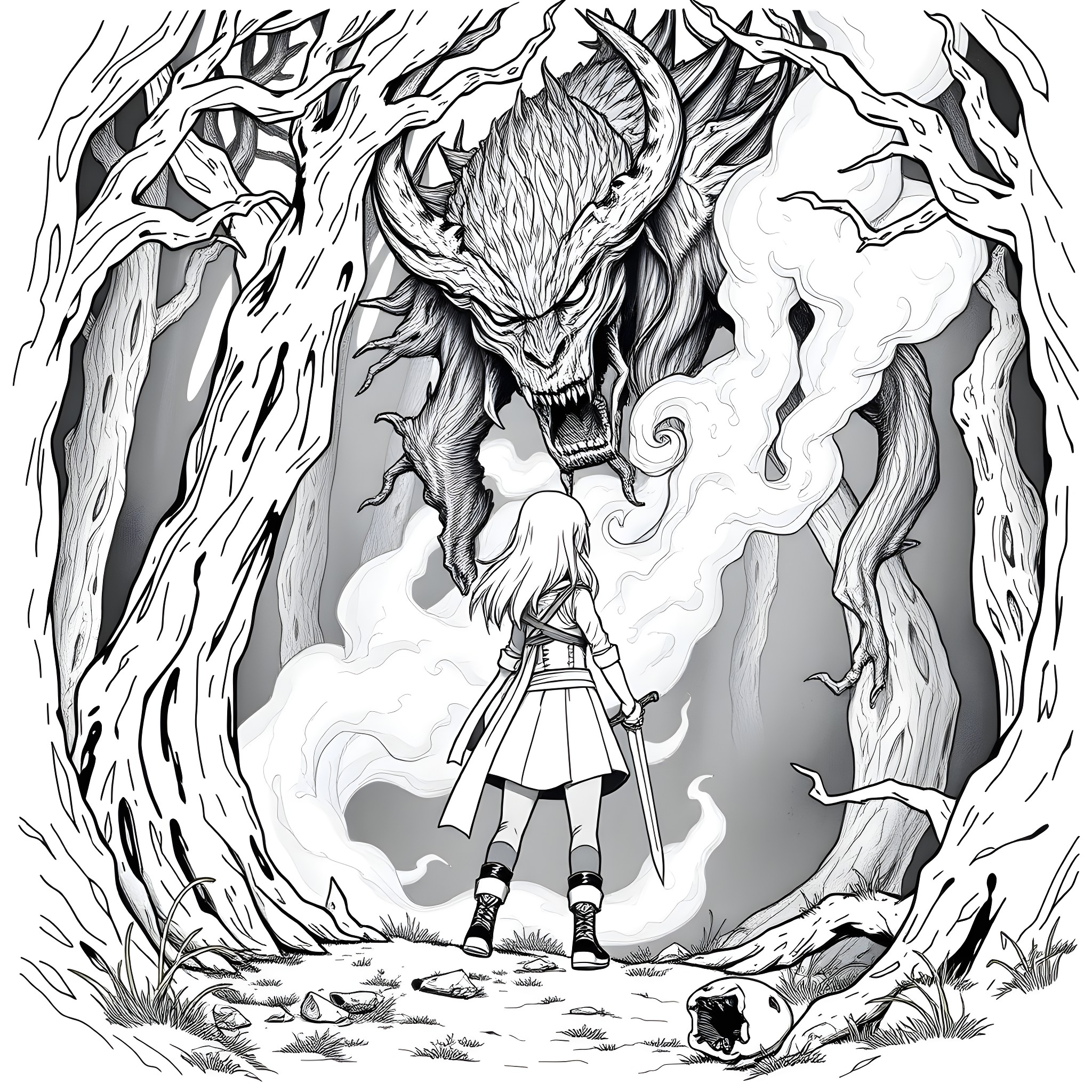 Ciri facing a fearsome monster in the dark forest Coloring Page (free black-and-white line drawing printable PDF for all, from beginners to advanced learners, including children, teens, adults, and seniors)