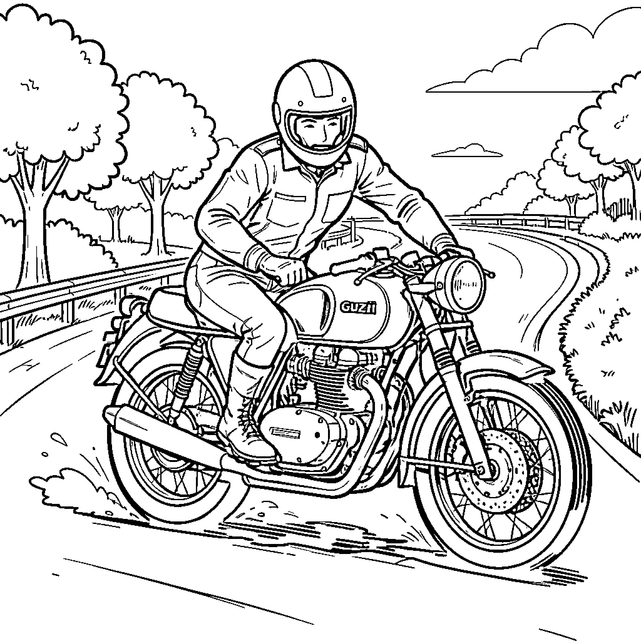 Motoguzzi rider cruising on the open road Coloring Page (free black-and-white line drawing printable PDF for all, from beginners to advanced learners, including children, teens, adults, and seniors)