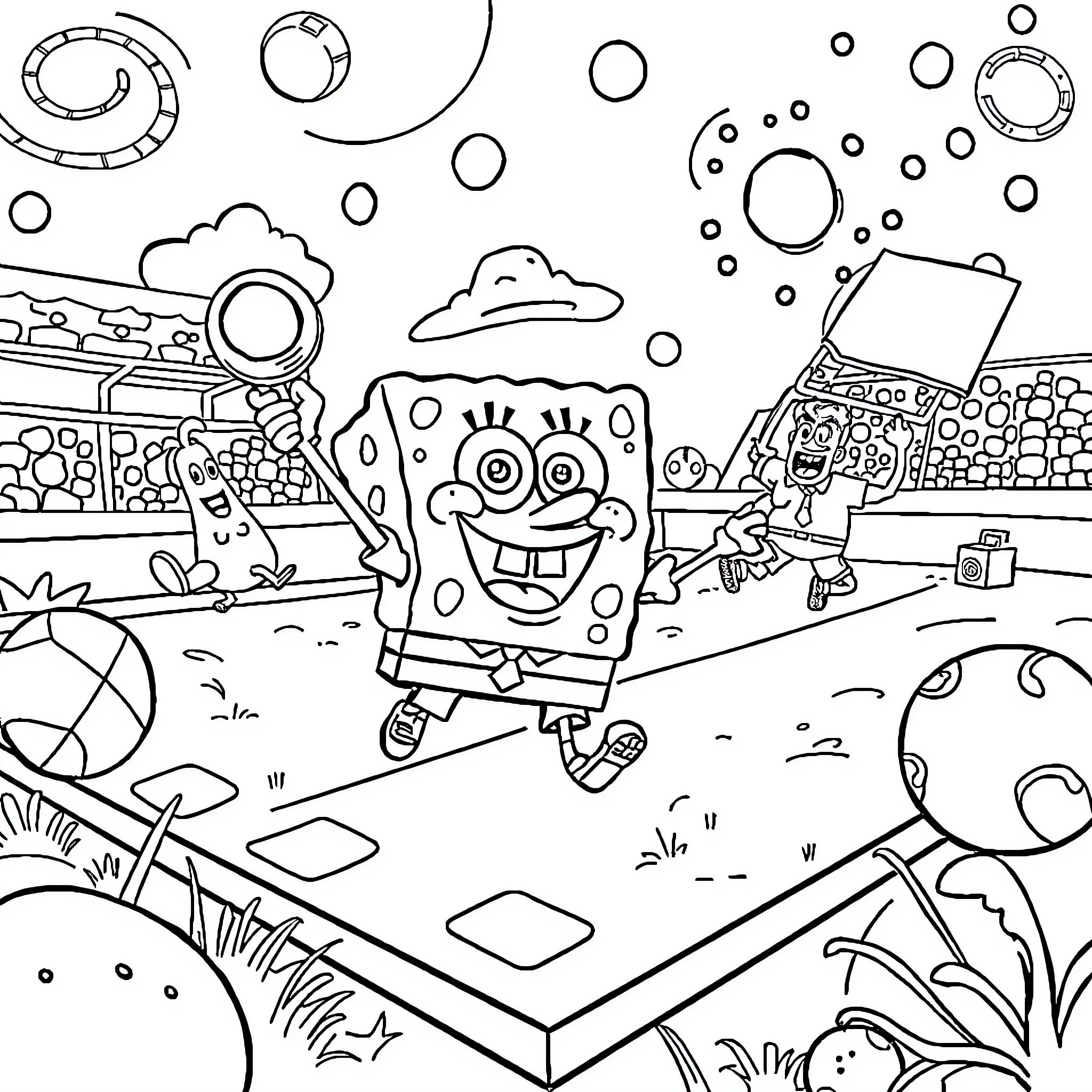 Spongebob's Underwater Adventure with Friends Coloring Page (free black-and-white line drawing printable PDF for all, from beginners to advanced learners, including children, teens, adults, and seniors)