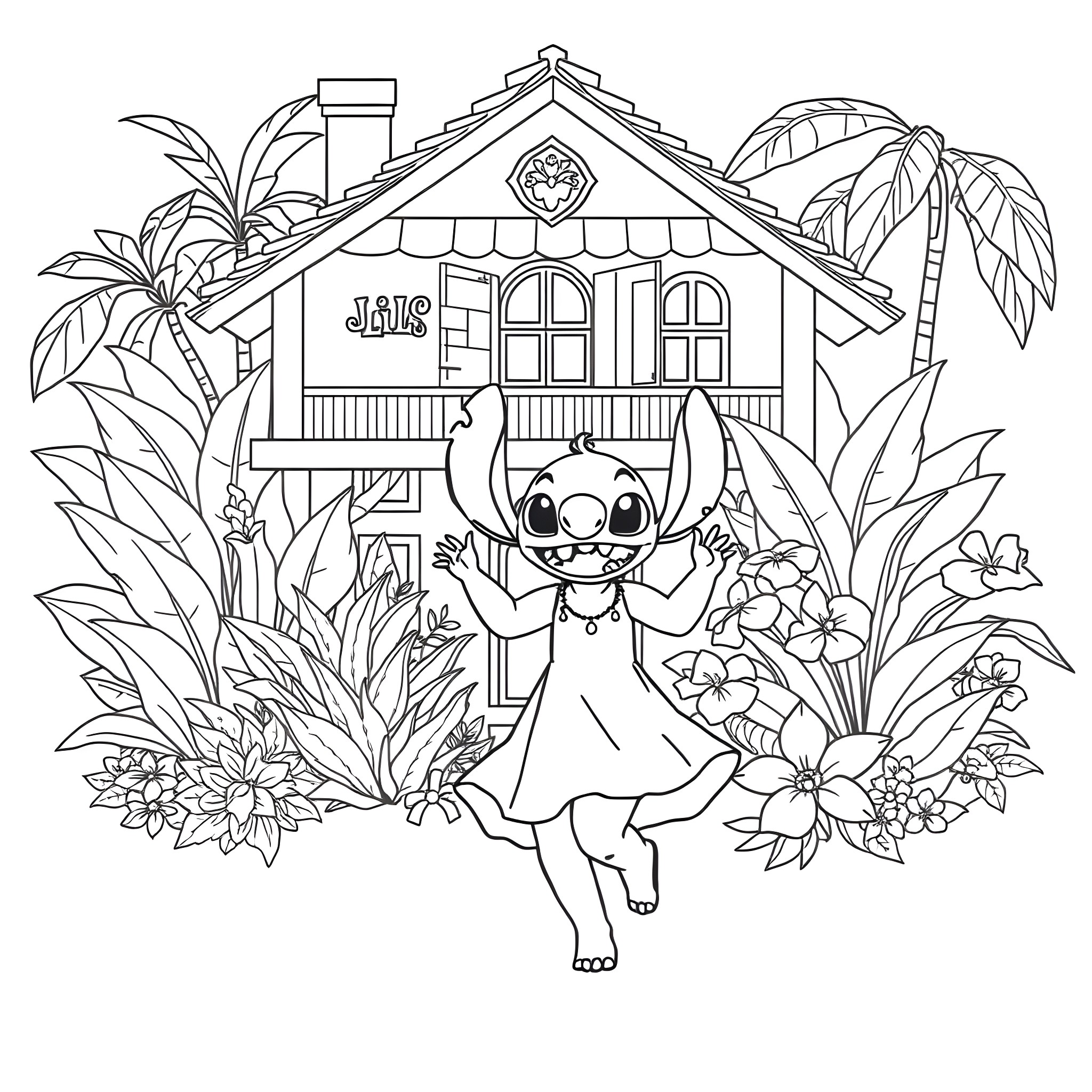 Lilo dancing happily in a tropical paradise Coloring Page (free black-and-white line drawing printable PDF for all, from beginners to advanced learners, including children, teens, adults, and seniors)