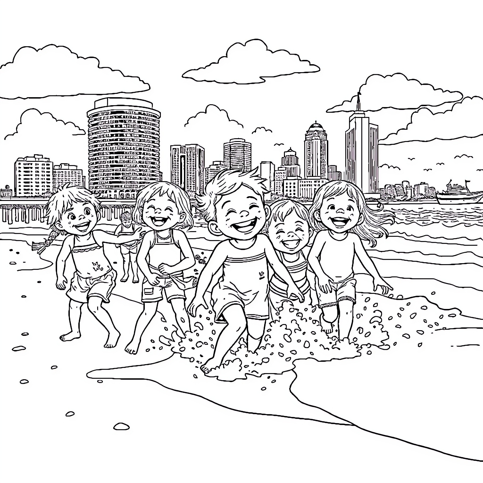 Kid playing joyfully on the beach by the city Coloring Page (free black-and-white line drawing printable PDF for all, from beginners to advanced learners, including children, teens, adults, and seniors)