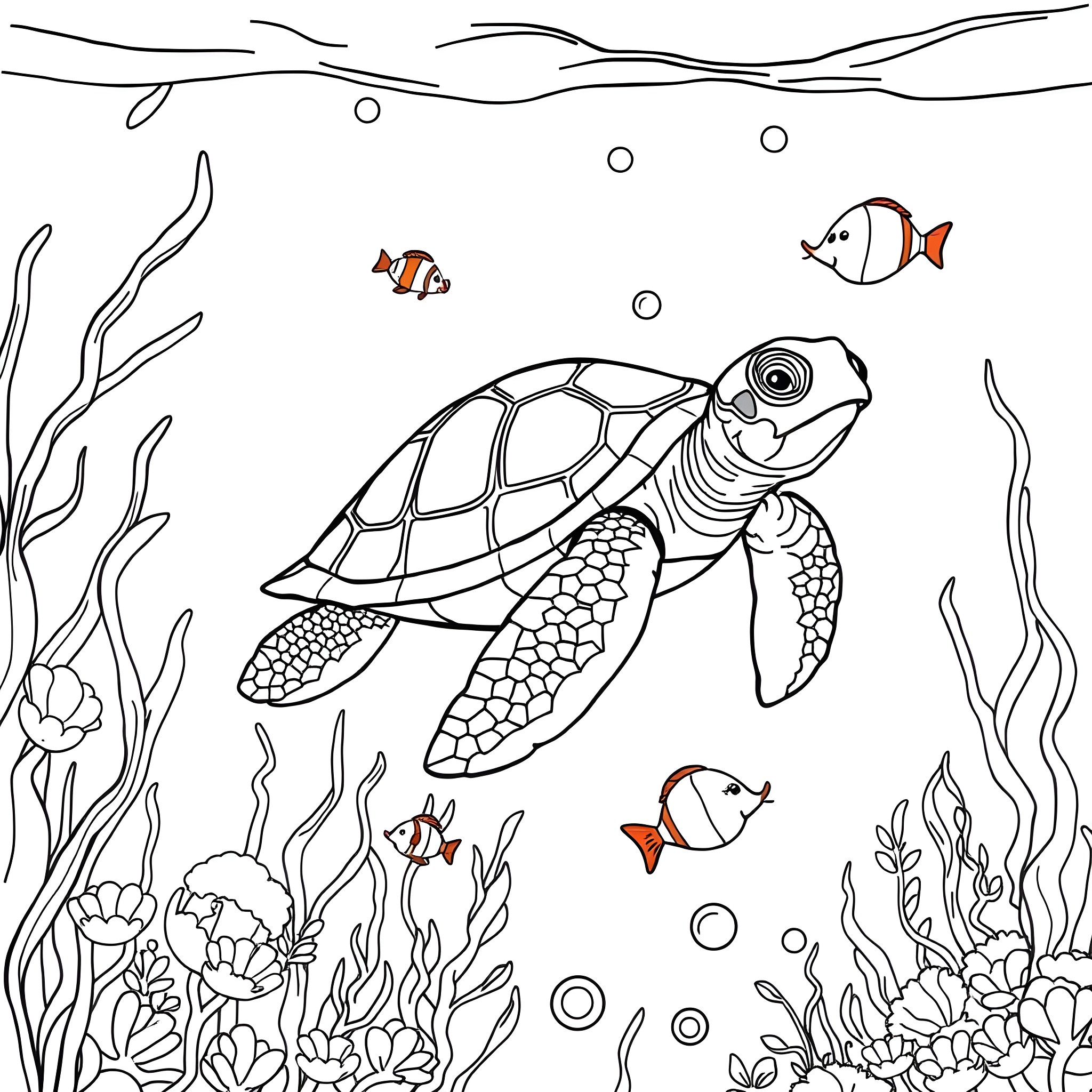 Turtle swimming among the ocean creatures Coloring Page (free black-and-white line drawing printable PDF for all, from beginners to advanced learners, including children, teens, adults, and seniors)
