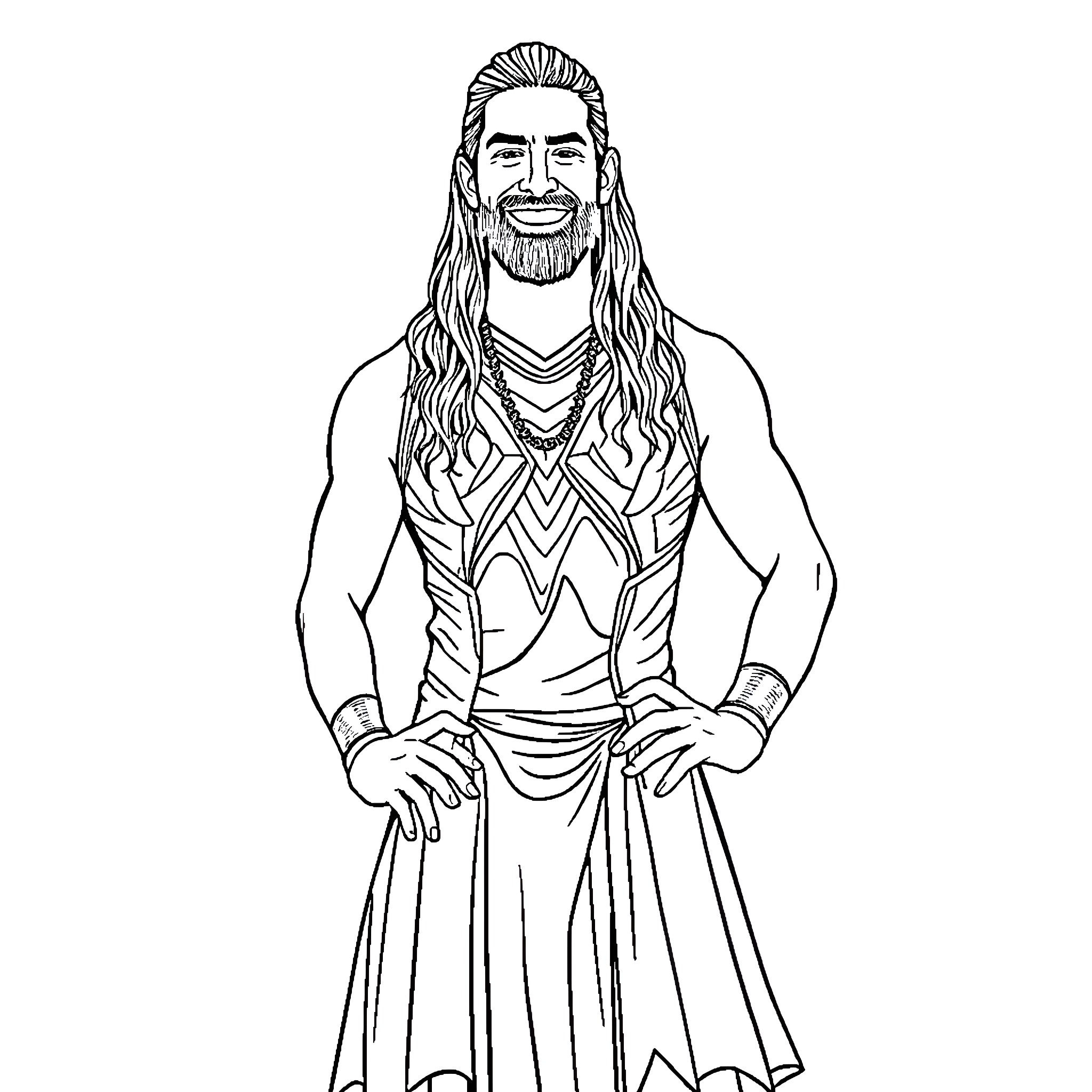 Roman Reigns in Heroic Pose Coloring Page (free black-and-white line drawing printable PDF for all, from beginners to advanced learners, including children, teens, adults, and seniors)