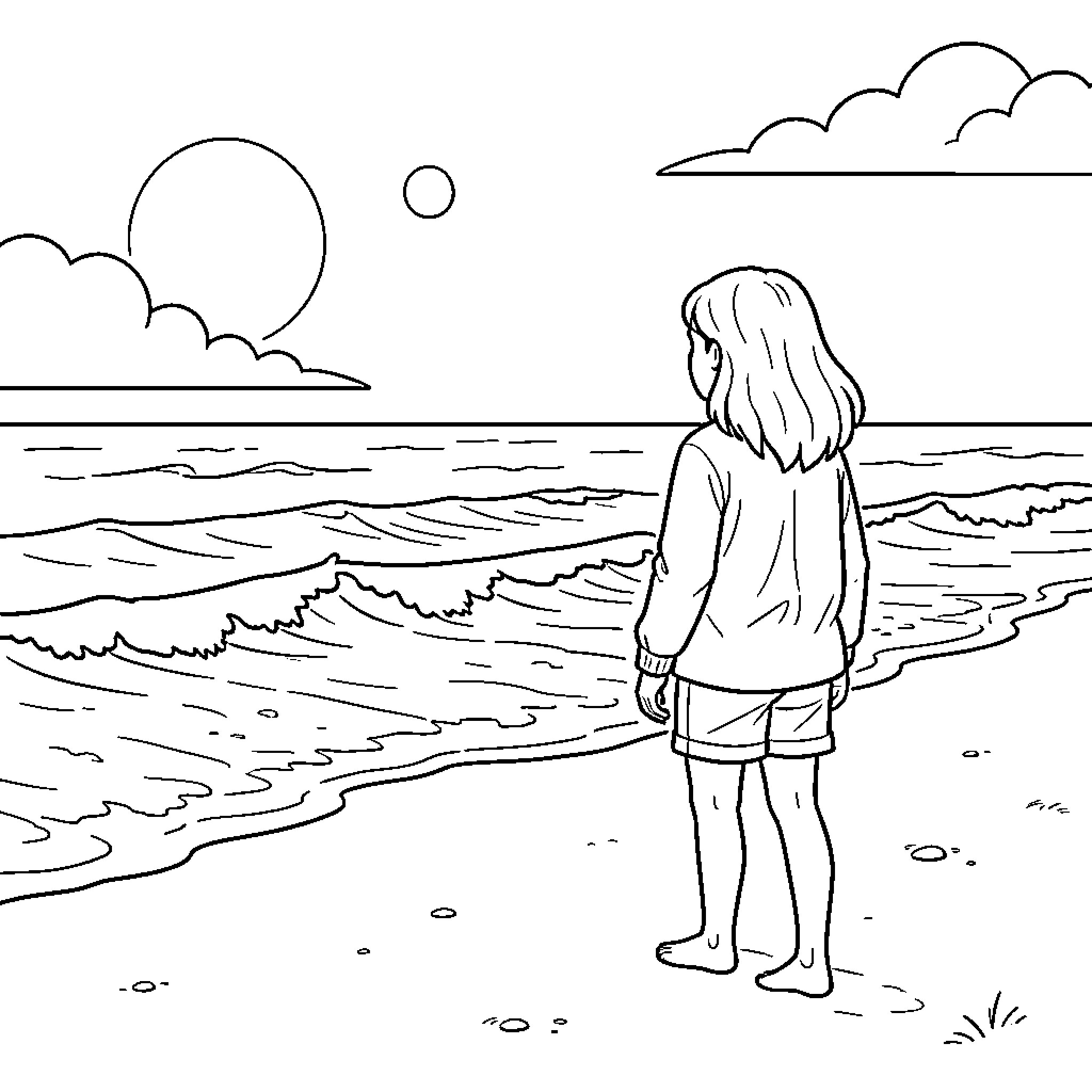 Marveled girl watching the ocean waves at the beach Coloring Page (free black-and-white line drawing printable PDF for all, from beginners to advanced learners, including children, teens, adults, and seniors)