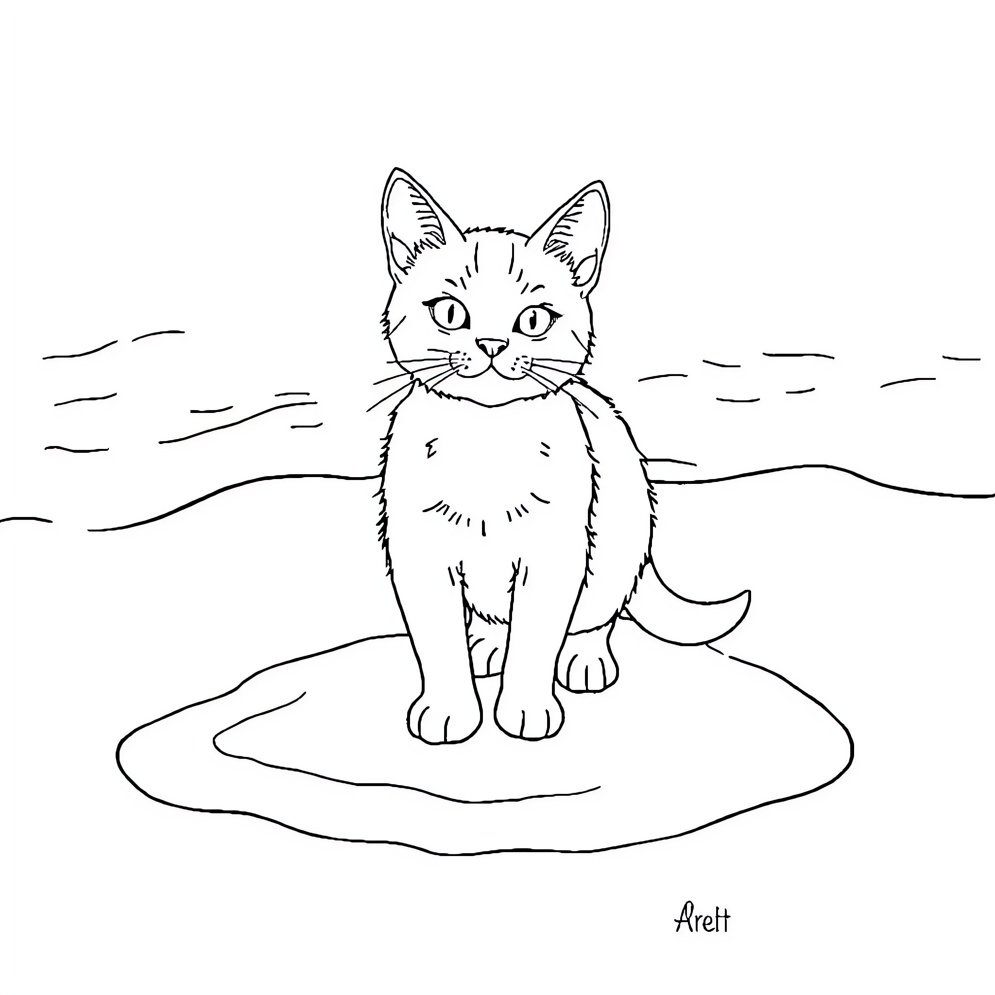 Cat sitting on the beach Coloring Page (free black-and-white line drawing printable PDF for all, from beginners to advanced learners, including children, teens, adults, and seniors)